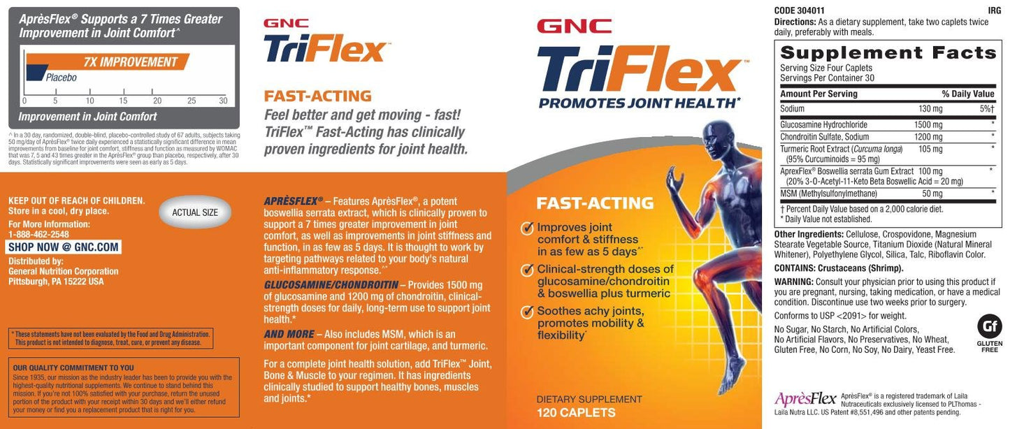 GNC TriFlex Fast-Acting | Improves Joint Comfort and Stiffness, Clinical Strength Doses of Glucosamine/Chondroitin and Boswellia- Plus Turmeric | 120 Caplets