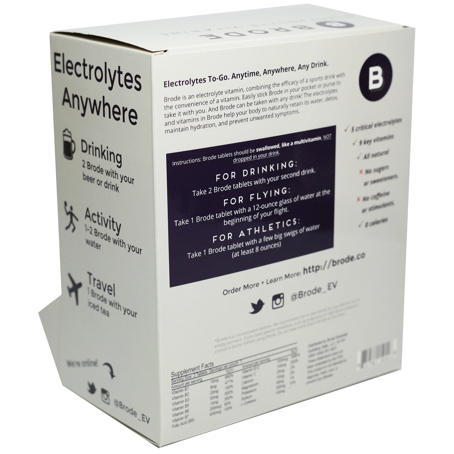 Brode Electrolyte Vitamin - Portable Zero-Sugar Electrolyte Tablets - for Sports, Nightlife, Jet Lag, 5 Essential Electrolytes + 9 Vitamins 100-Packets
