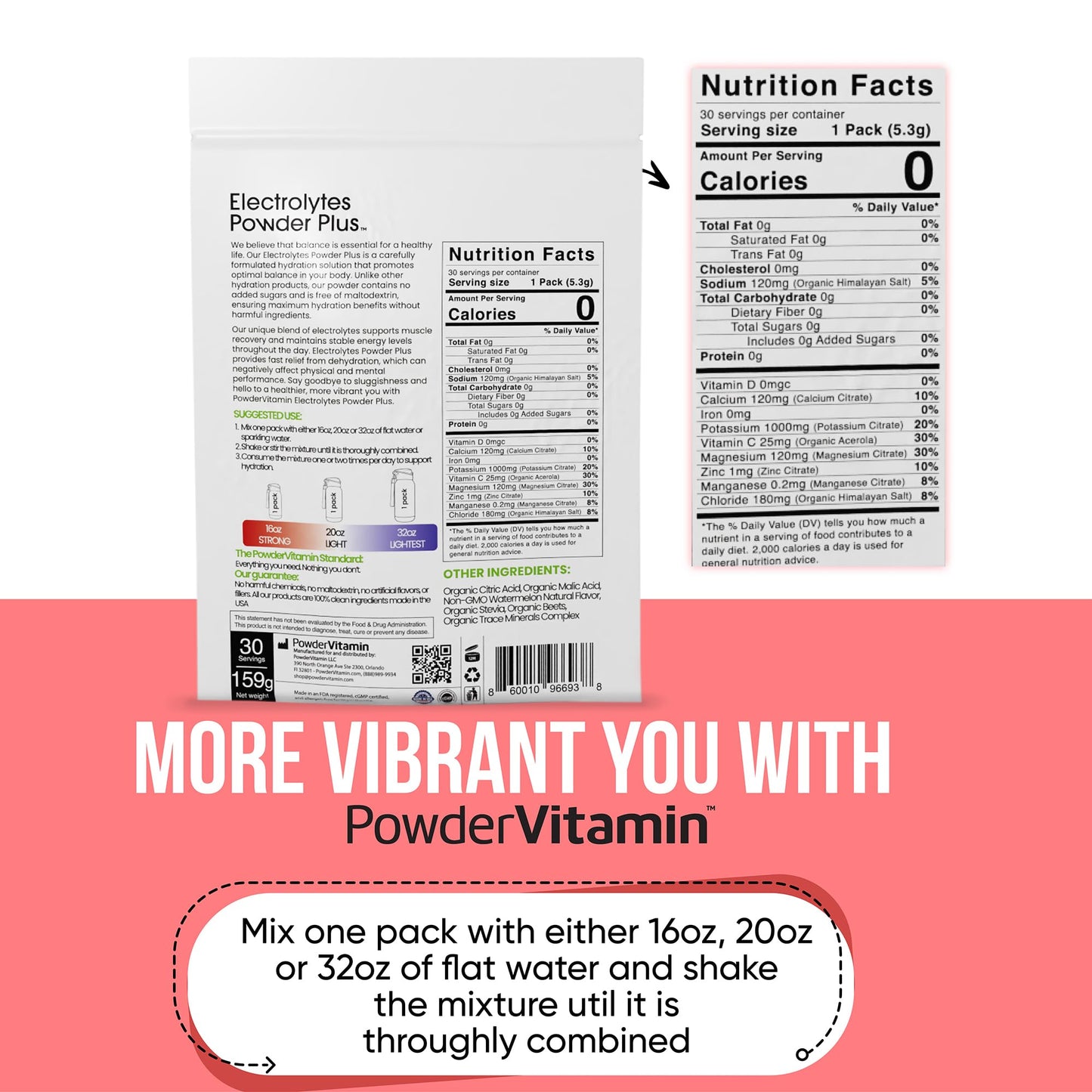 PowderVitamin Electrolytes Powder Plus, Keto, Watermelon, Sugar Free, 1000mg Potassium, 120mg Calcium, 120mg Magnesium, Non-GMO, Zero Calories, 30 Hydration Packets