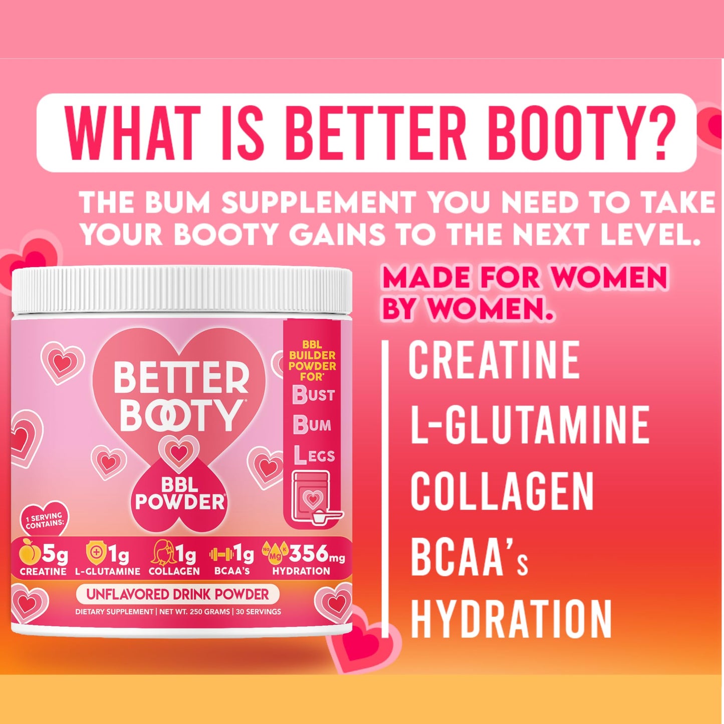 Better Booty BBL Powder Creatine for Women, Booty Gain, Muscle Builder, Energy Booster, L-Glutamine, BCAA's, Collagen, and Hydration Complex Unflavored Drink Mix (250 Grams, 30 Servings)