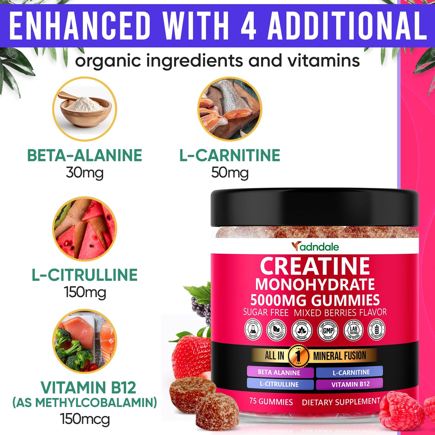 Creatine Monohydrate Gummies for Men & Women - 5000mg per Serving Creatine Supplement with Beta-Alanine, L-Citrulline & B12 - Supports Strength, Energy, and Recovery - 75 Vegan Gummies. Sugar-Free