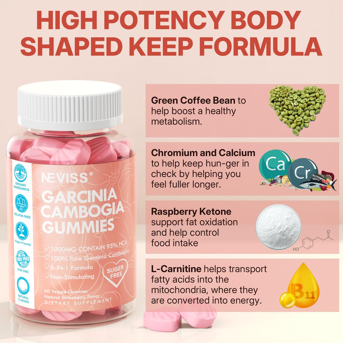 Sugar Free Garcinia Cambogia Gummies 1000mg 95% HCA Pure Extract with L-Carnitine, Raspberry Ketone, Chromium, Green Coffee Bean for Metabolism, 100% Organic Extract, Vegan, Strawberry Flavor 60 Cts