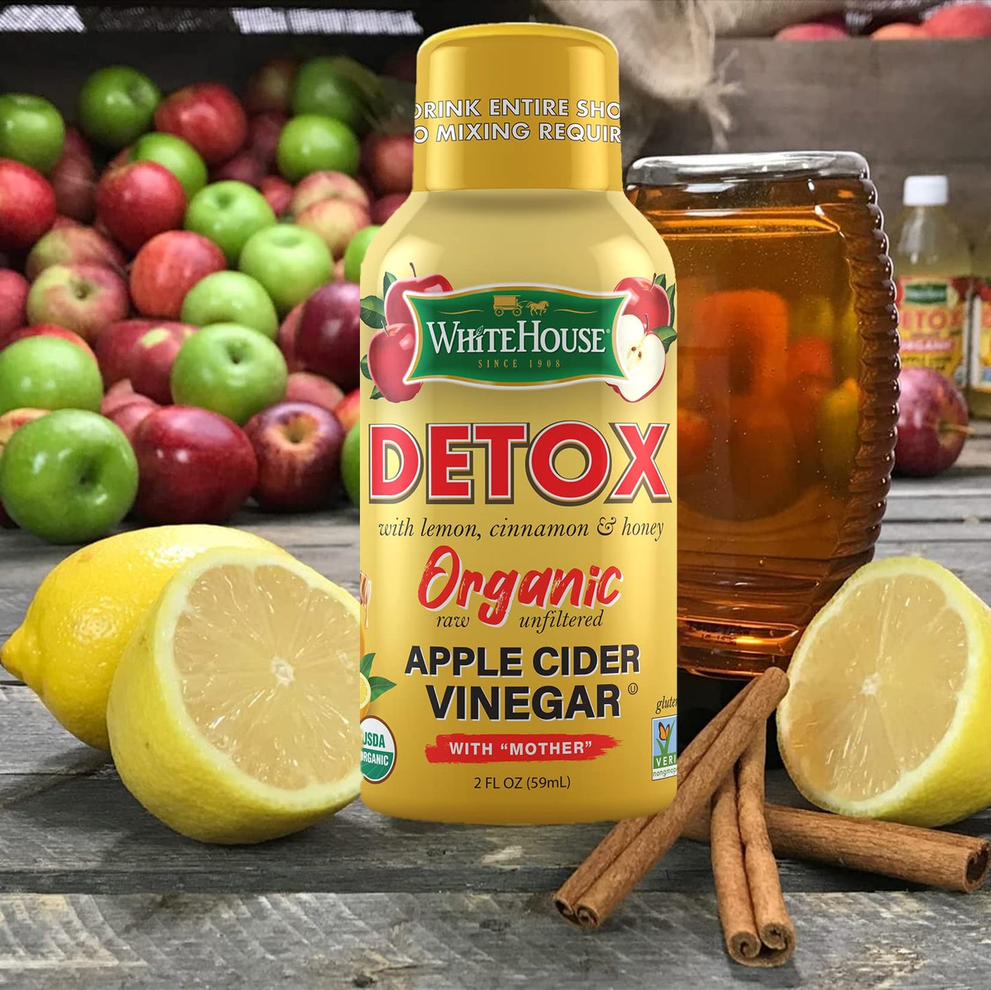 White House Detox Apple Cider Vinegar Shots, Raw Unfiltered, On the Go (Detox, Pack of 6)