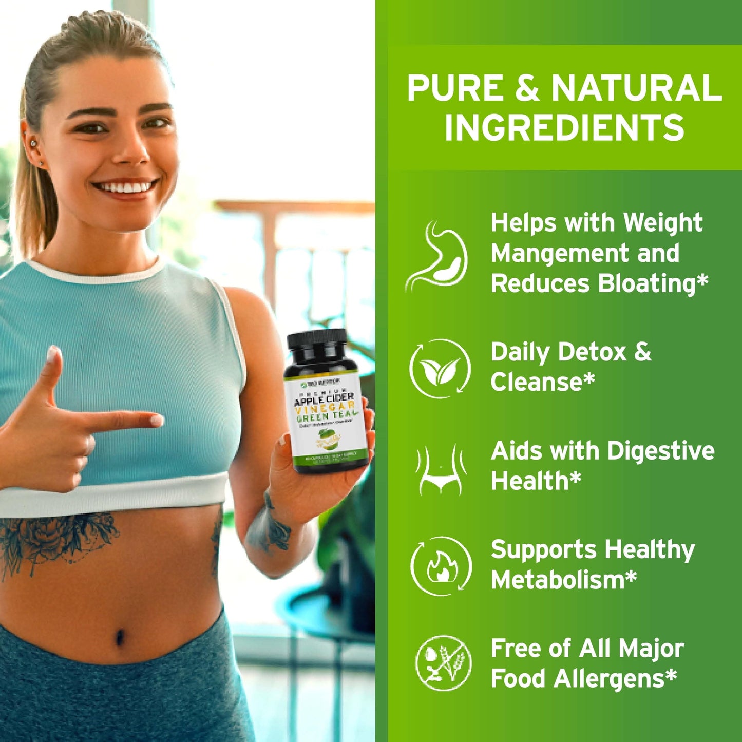 TRIO NUTRITION Apple Cider Vinegar Capsules with Green Tea - Natural Sugar Free Apple Cider Vinegar Pills with The Mother for Body Cleanse, Immune, Weight Management & Metabolism Support*
