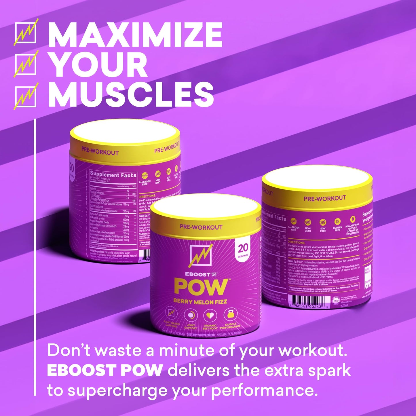 EBOOST POW Natural Pre Workout Powder - 20 Servings - Berry Melon Fizz - Pre Workout Supplement for Performance, Joint Mobility Support, Energy, Focus - Men & Women - Non-GMO, Gluten-Free, No Creatine