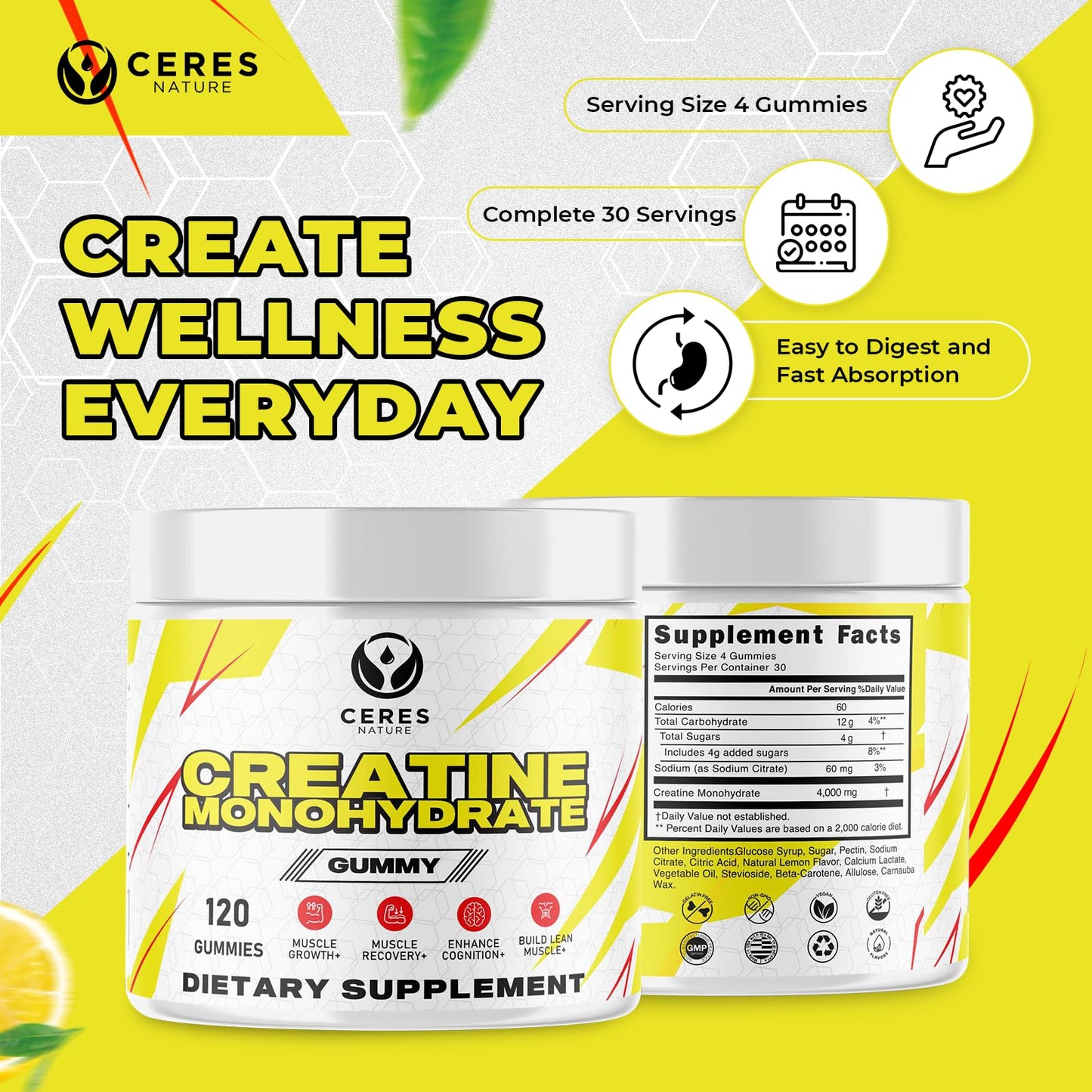 Ceres Nature Creatine Monohydrate Gummies for Men & Women-5g of Creatine Monohydrate per Serving - Vegan,Lemon Flavor, 120 Count.