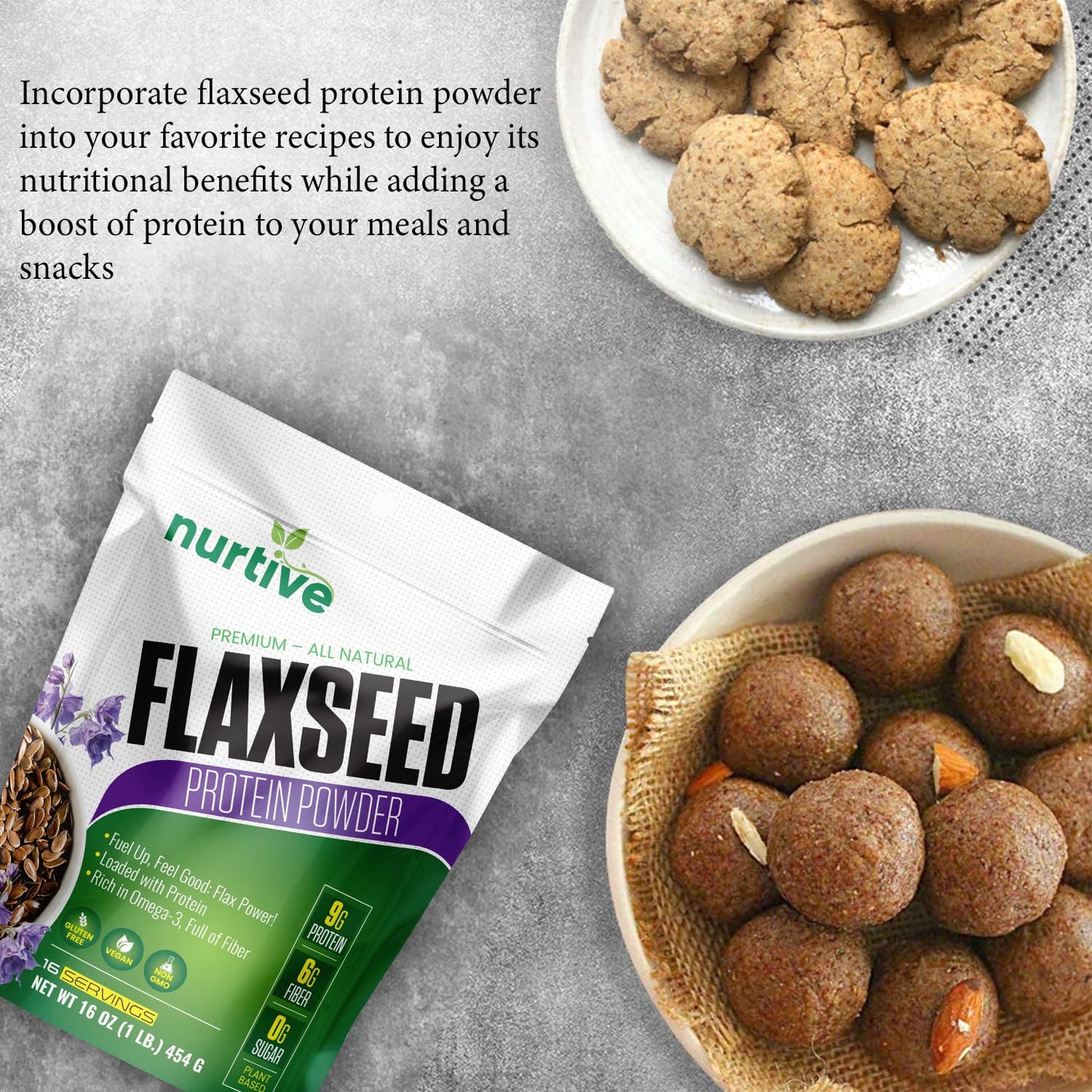 NURTIVE Flaxseed Protein Powder - Plant-Based, Rich in Omega-3 and Antioxidants - Ideal for Post-Workout Recovery - Nutritional Boost for Smoothies & Baking - Non-GMO & Gluten-Free (16 oz / 454g)