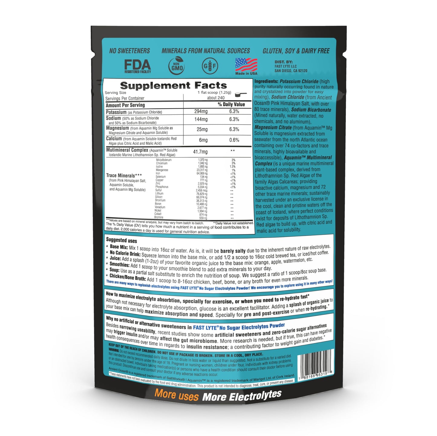 FAST LYTE No Sugar Electrolytes Powder in The Raw | Mix in Coffee, Soup, Juice, Water, Smoothies, Broth, Anything | No Sweeteners or Flavorings | Keto & Sugar Free | Non-GMO & Vegan
