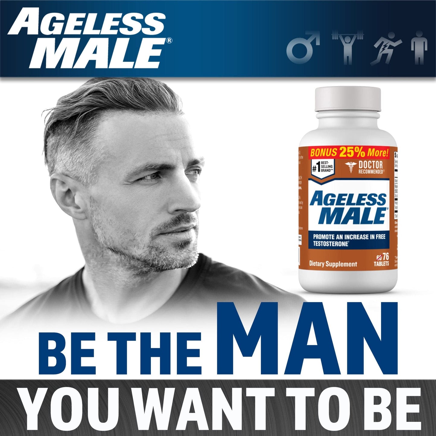 Ageless Male Free Testosterone Booster Supplement for Men, 76 Tablets