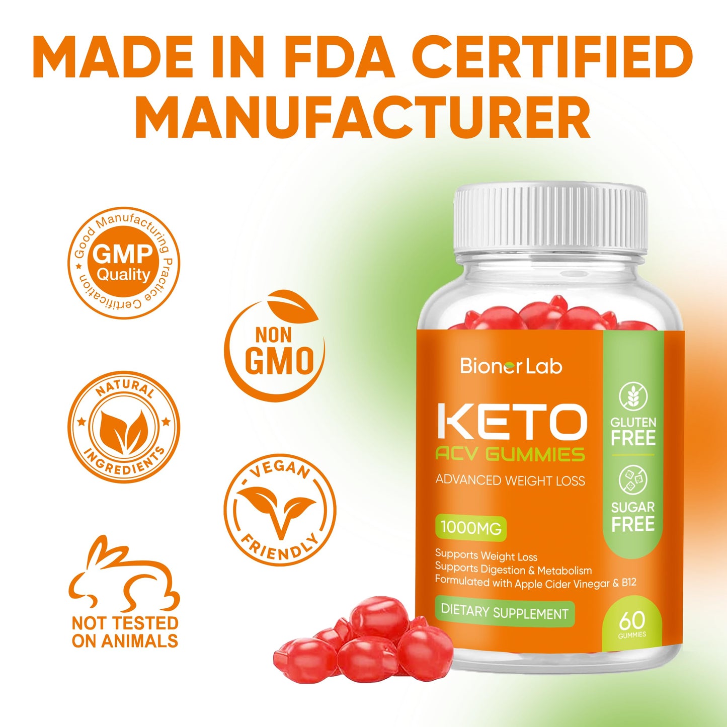 BionerLab Keto ACV Gummies - Sugar Gluten Free Pro Active Super Apple Cider Vinegar Supplement for Men Women - Digestion Metabolism Hair Skin Health (1000MG)