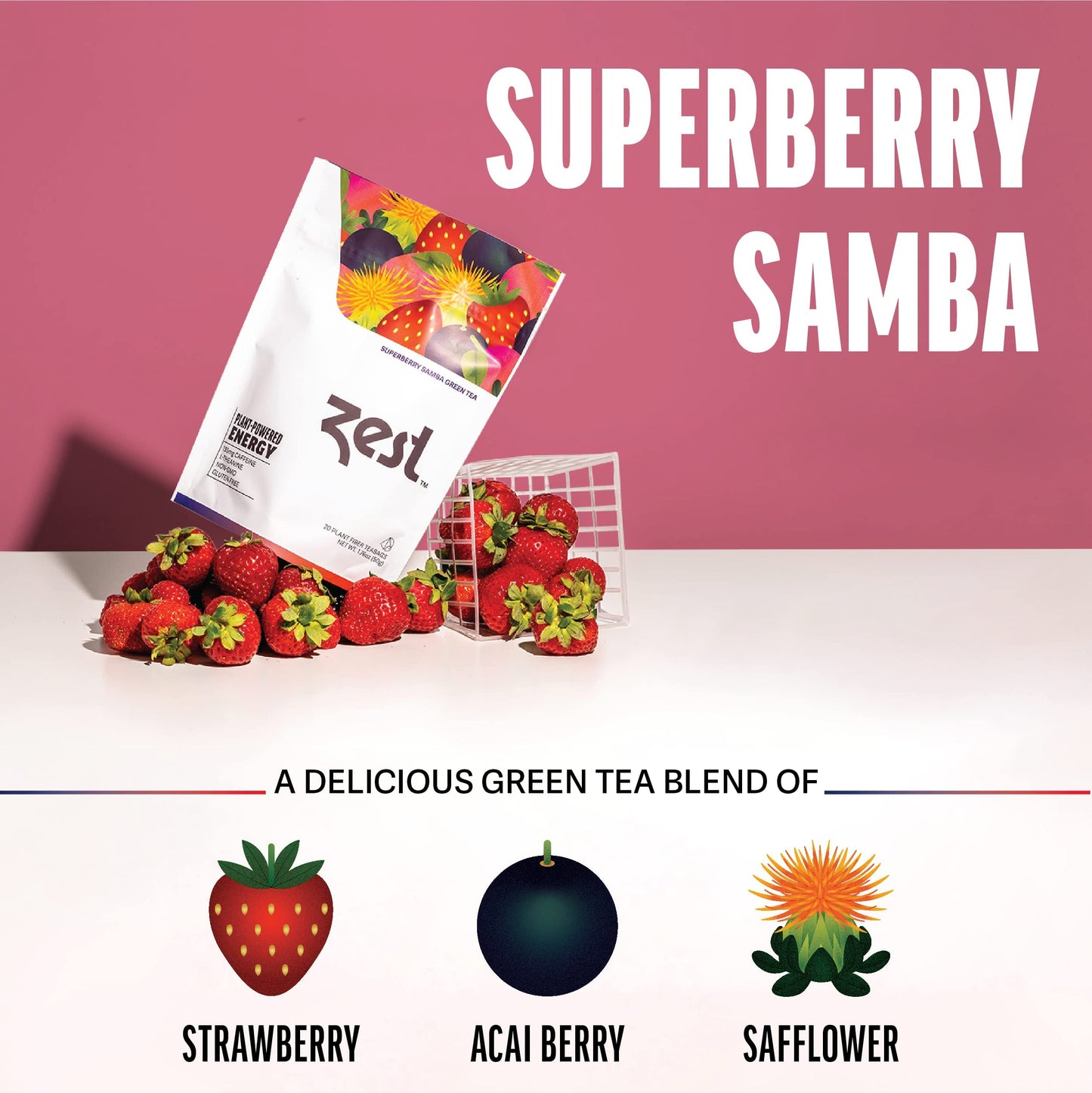 Zest 135mg High Caffeine Energy Leaf Blend Superberry Samba Green Tea 20 Pack Bag Hot or Iced All Natural Strong Flavored Healthy Coffee Highly Caffeinated Substitute Perfect for Keto Diet
