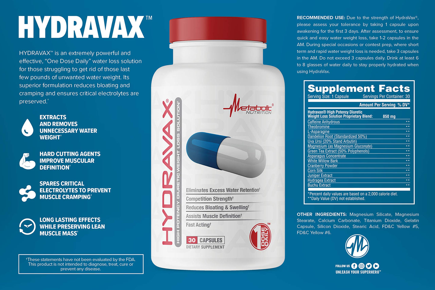 Metabolic Nutrition, Hydravax - Premium Diuretic Water Pills, Natural & Safe, Eliminates Water Retention, with Dandelion, Magnesium, Green Tea Extract, Cranberry Powder, 30 Capsules, 1 Dose Daily