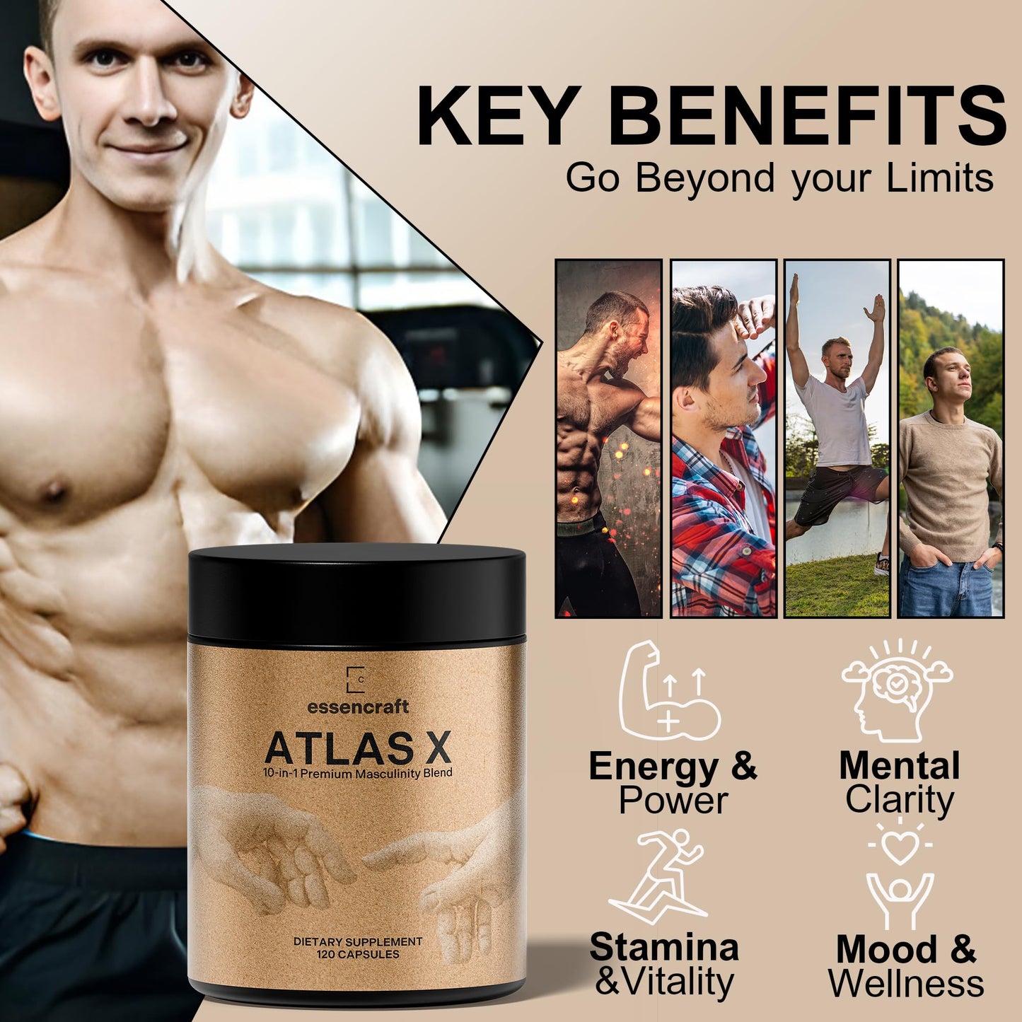 ATLAS X 10-in-1 Masculinity Maximiser Supplement for Men - Energy, Strength & Vitality Capsules with Shilajit, Ashwagandha, Zinc, Safed Musli, Tongkat Ali, Black Maca, Fadogia Agrestis, 2 Month Supply