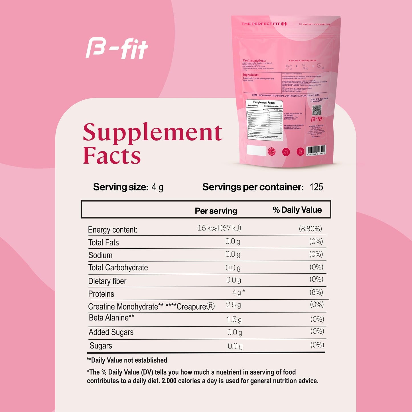 B-FIT B Creabet Creatine Monohydrate for Women - Creapure - Creatine Monohydrate Powder with Beta-Alanine 500g - Pre Workout Supplement - 125 Servings +4 Months Supply - Unflavored