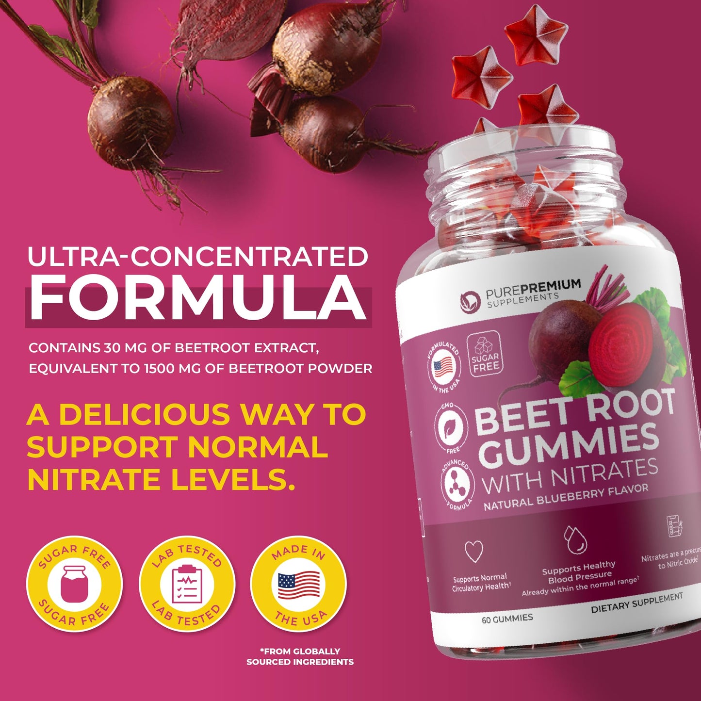 PurePremium Beet Root Gummies - 60 Sugar Free Chews (50:1 Equivalent 1500 mg) - Super Nitric Oxide Beetroot Gummies with Natural Blueberry Flavor - Supplements for Normal Blood Pressure