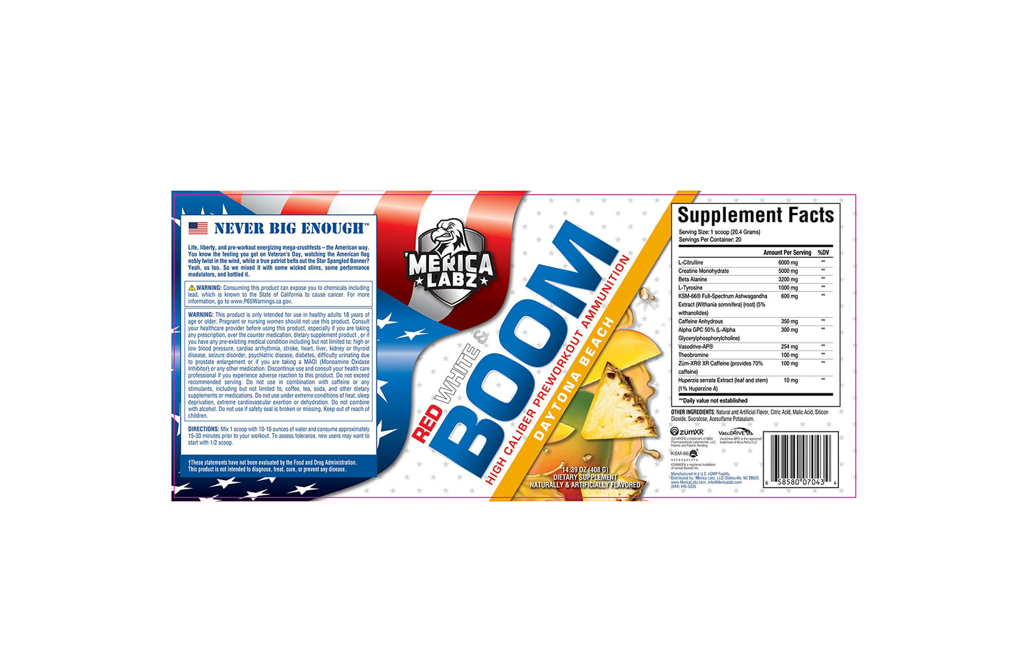 'Merica Labz Red, White, and Boom, High Caliber Pre Workout with VasoDrive-AP®, 350mg Caffeine, Max Energy, Pump and Focus, Increased Blood Flow and Muscle Volume, 20 Servings (Daytona Beach)