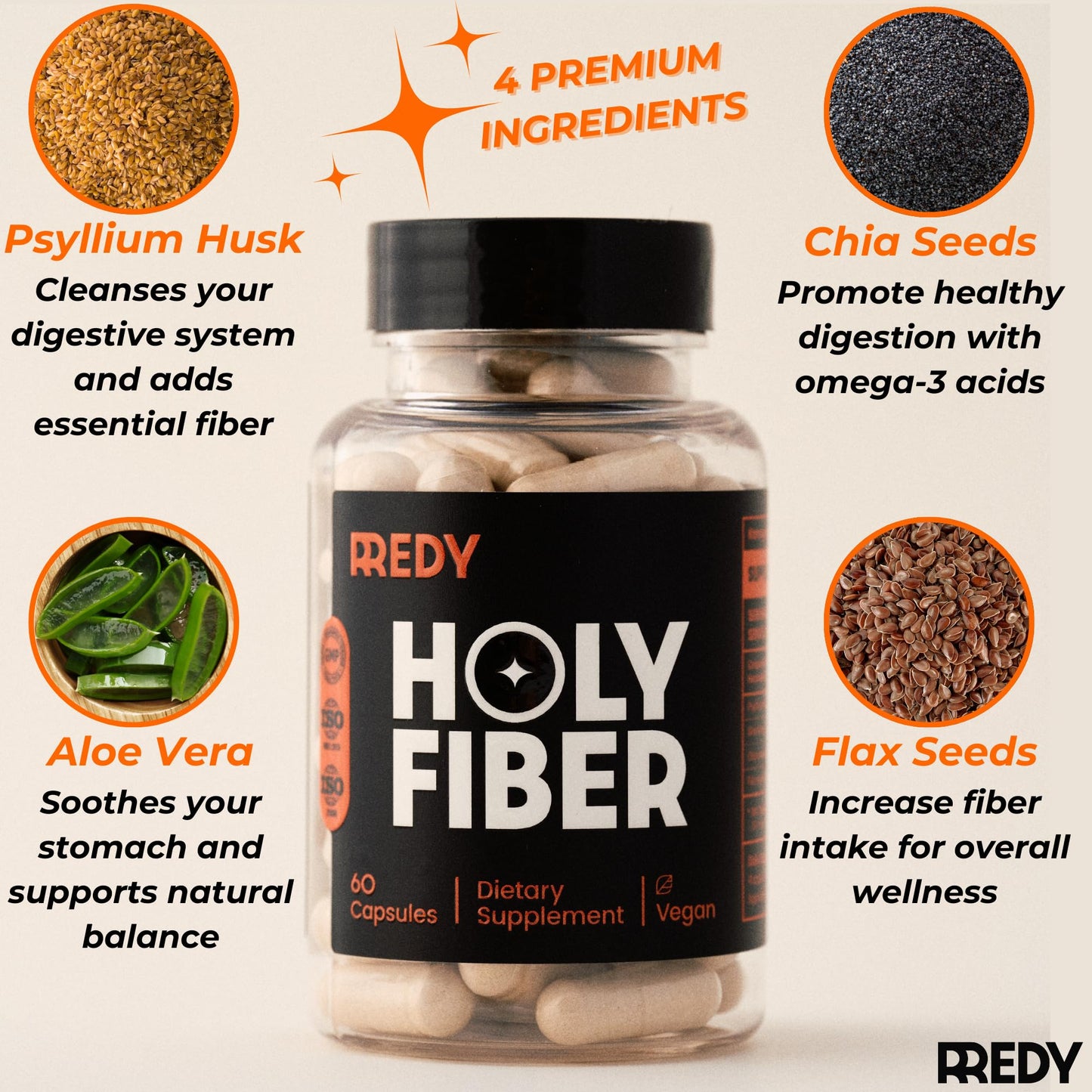 REDY 4-in-1 Premium Blend Psyllium Husk, Aloe Vera, Chia Seeds, Flaxseeds, Fiber Supplement Men, 60 Vegan Capsules, Gut Health Support, Digestive Regularity, Constipation Relief, Bowel Movement