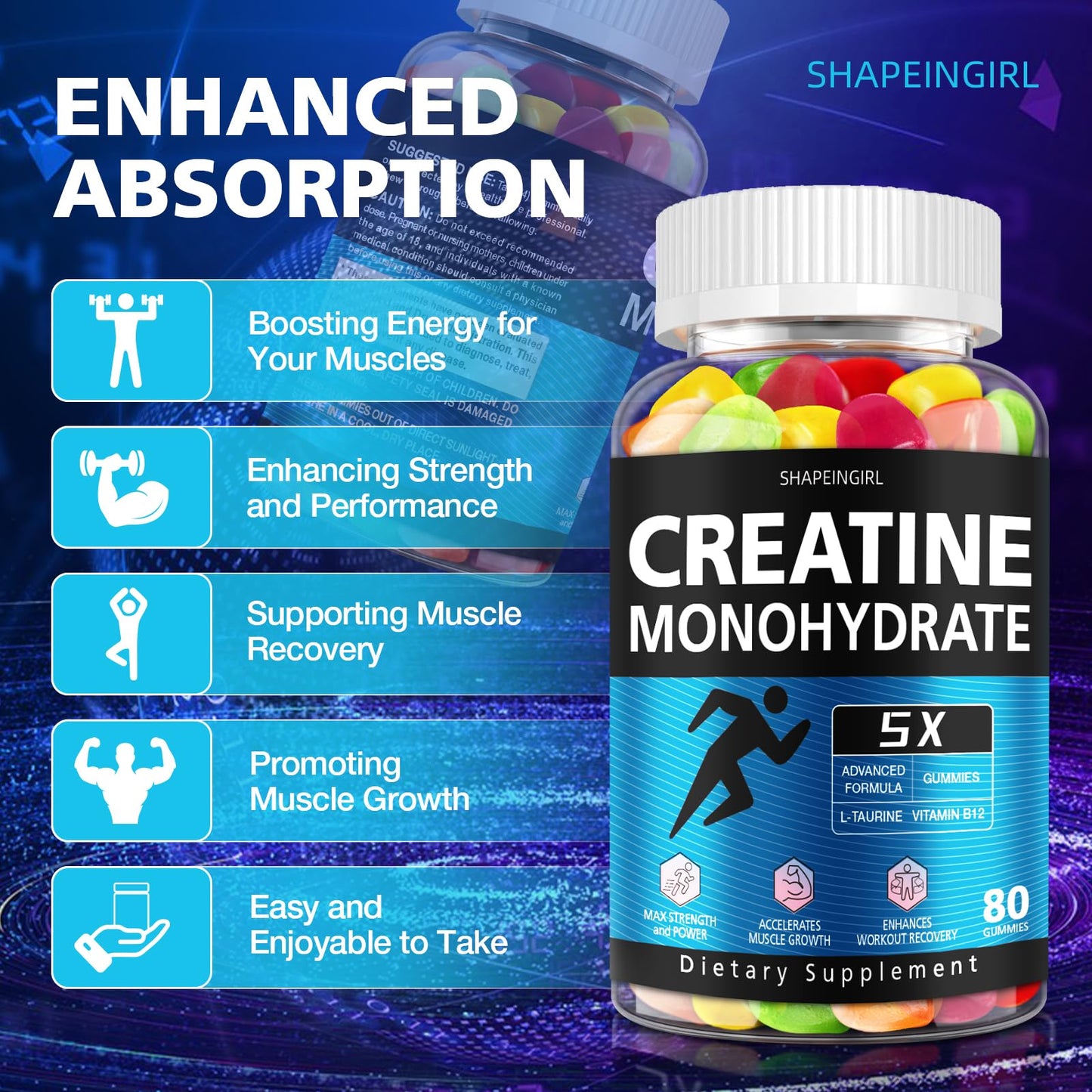 Creatine Gummies for Women and Men - Creatine Monohydrate Gummies , Gummies Supplements with Vitamin B12 for Muscle Gain, Strength, Energy Boost, Sugar Free, Vegan, Flavored Chewable 80 Count