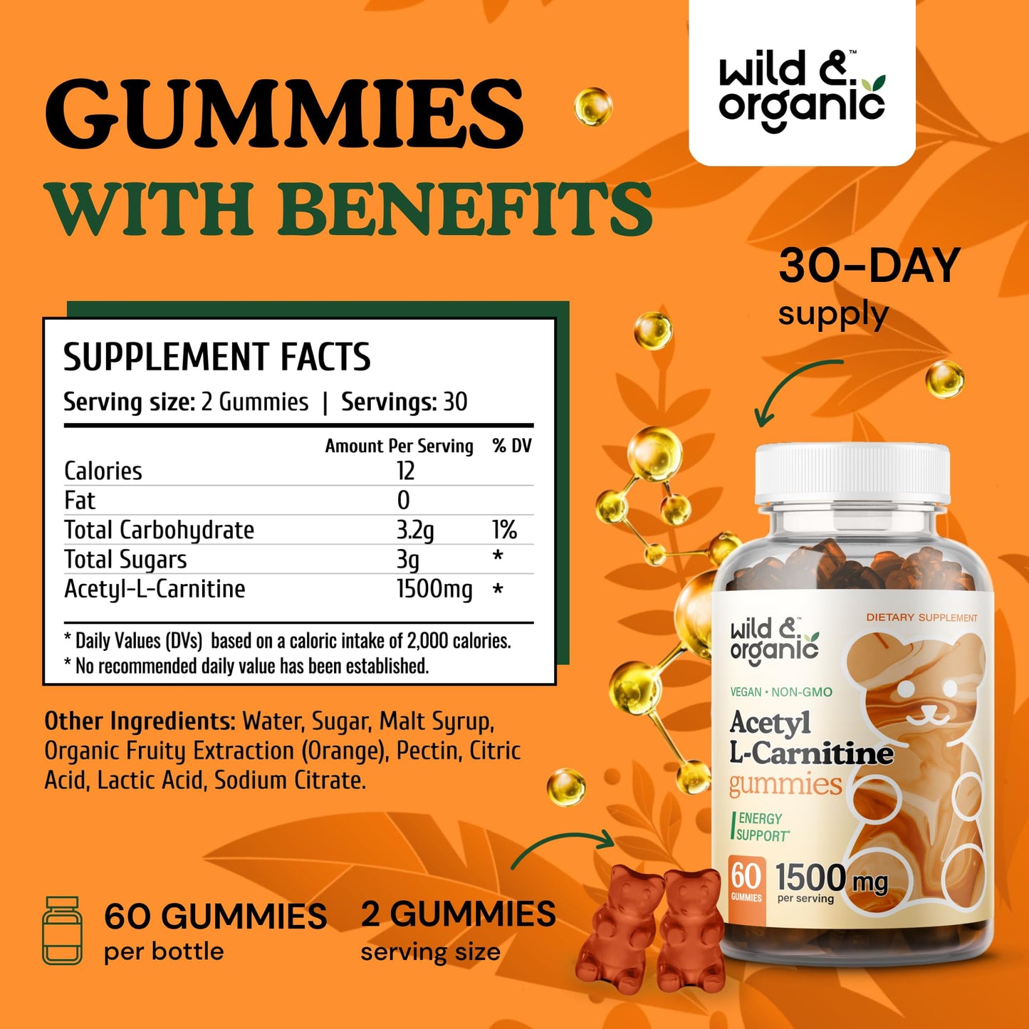 Wild & Organic Acetyl L-Carnitine 1500mg Gummies - Alcar Chews for Brain & Energy Support - L Carnitine Supplement with 60 Count - Energy and Focus Gummies with Acetyl Powder