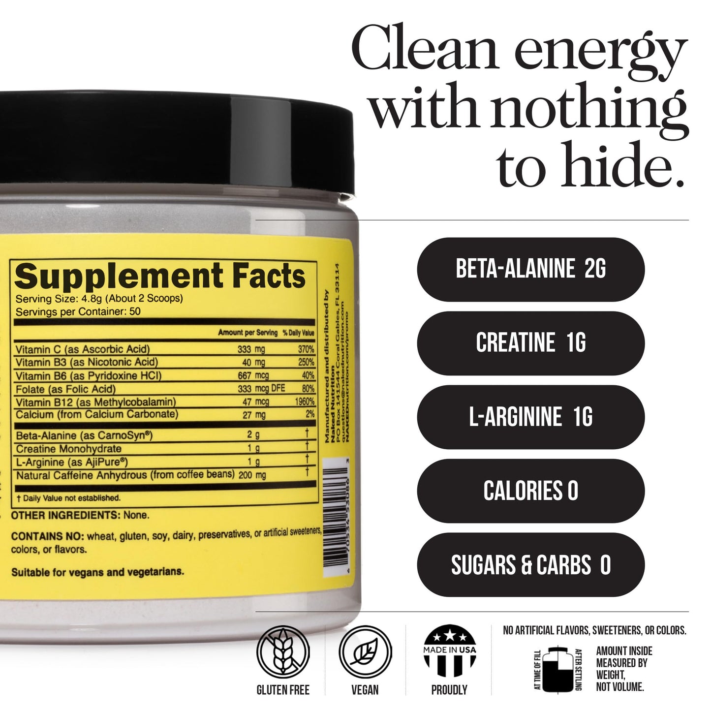 Naked Energy - Pure Pre Workout Powder for Men and Women, Vegan, Unflavored, Healthy Pre Workout - No Added Sweeteners, Colors Or Flavors - 50 Servings