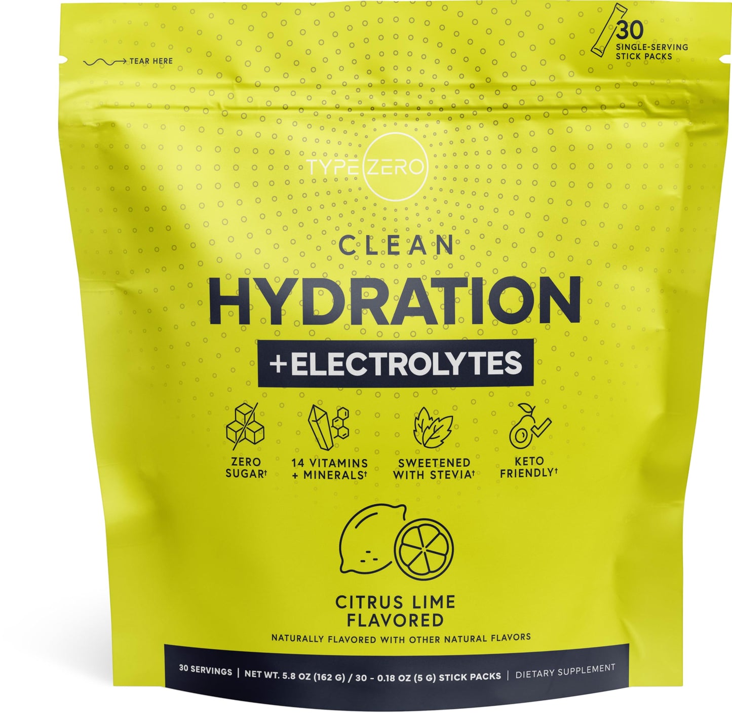 Type Zero Clean Hydration + Electrolytes Drink Mix (30 Single-Serving Packets) (Citrus Lime Flavored) - Advanced Hydration for Any Occasion