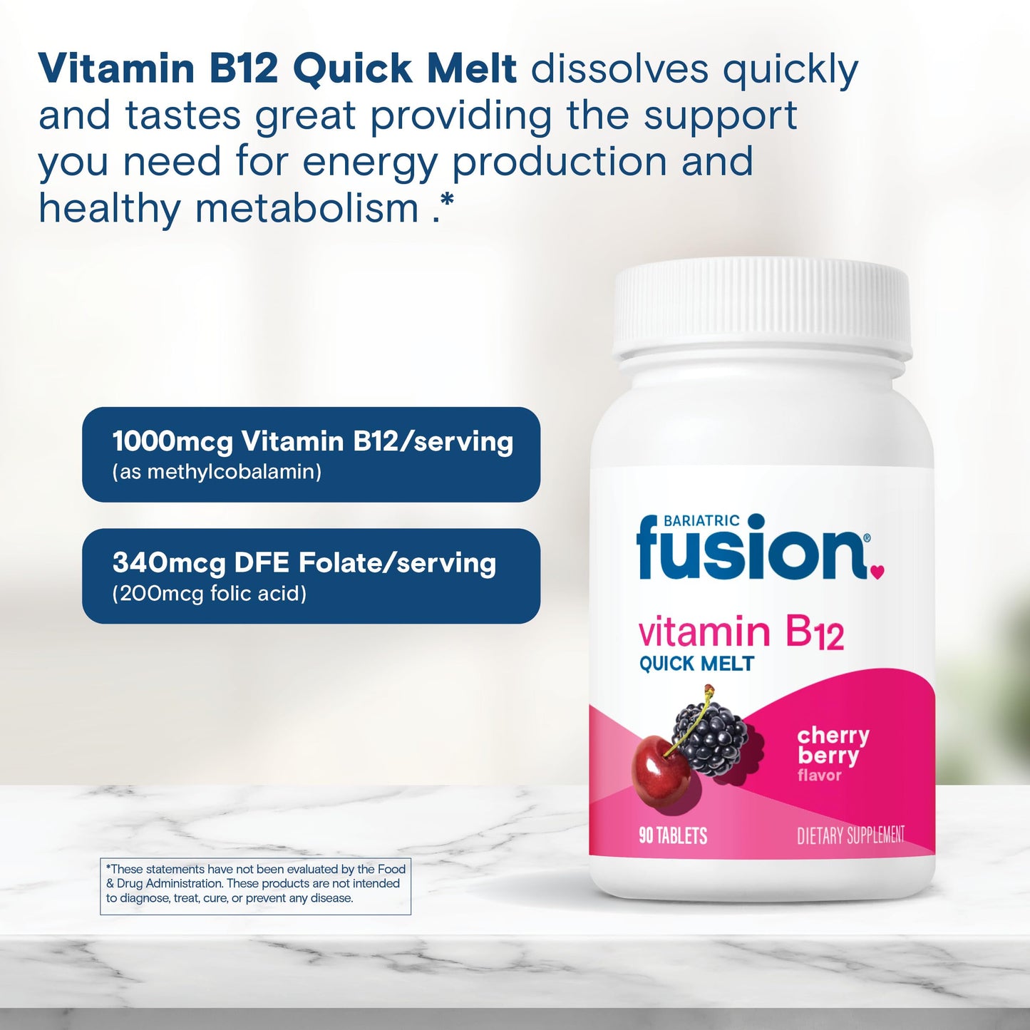 Bariatric Fusion Vitamin B12 Sublingual 1000 mcg Melts | Cherry Berry Flavored | Vitamin B12 Dissolve Under Tongue Tablets with Folic Acid | Sugar Free | Methylcobalamin | 90 Count