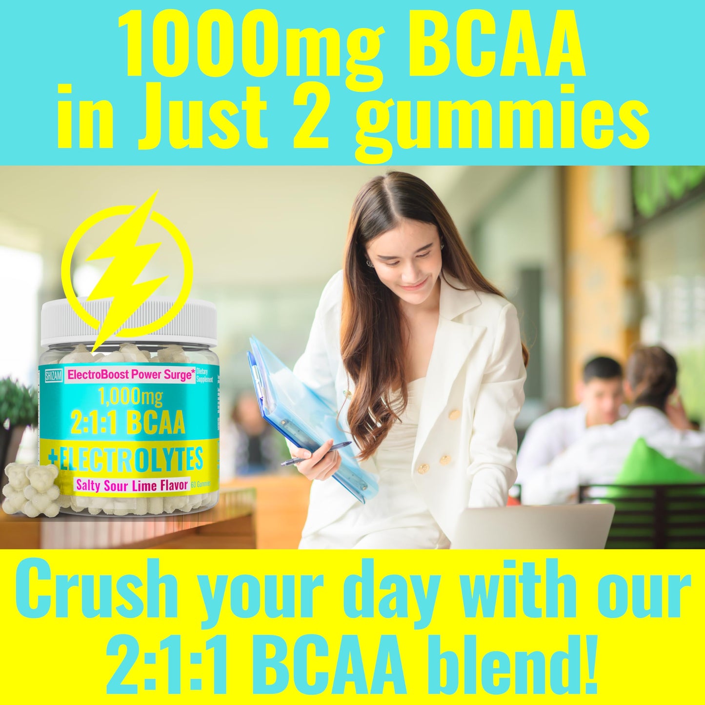 SHIZAM Electrolyte BCAA Gummies: Energy Chews w Electrolytes Branched Chain Amino Acids Potassium Sodium Salt for Runners, Perfect Cycle Support, Salts Mineral Drops Capsule Pills Tablets Supplement