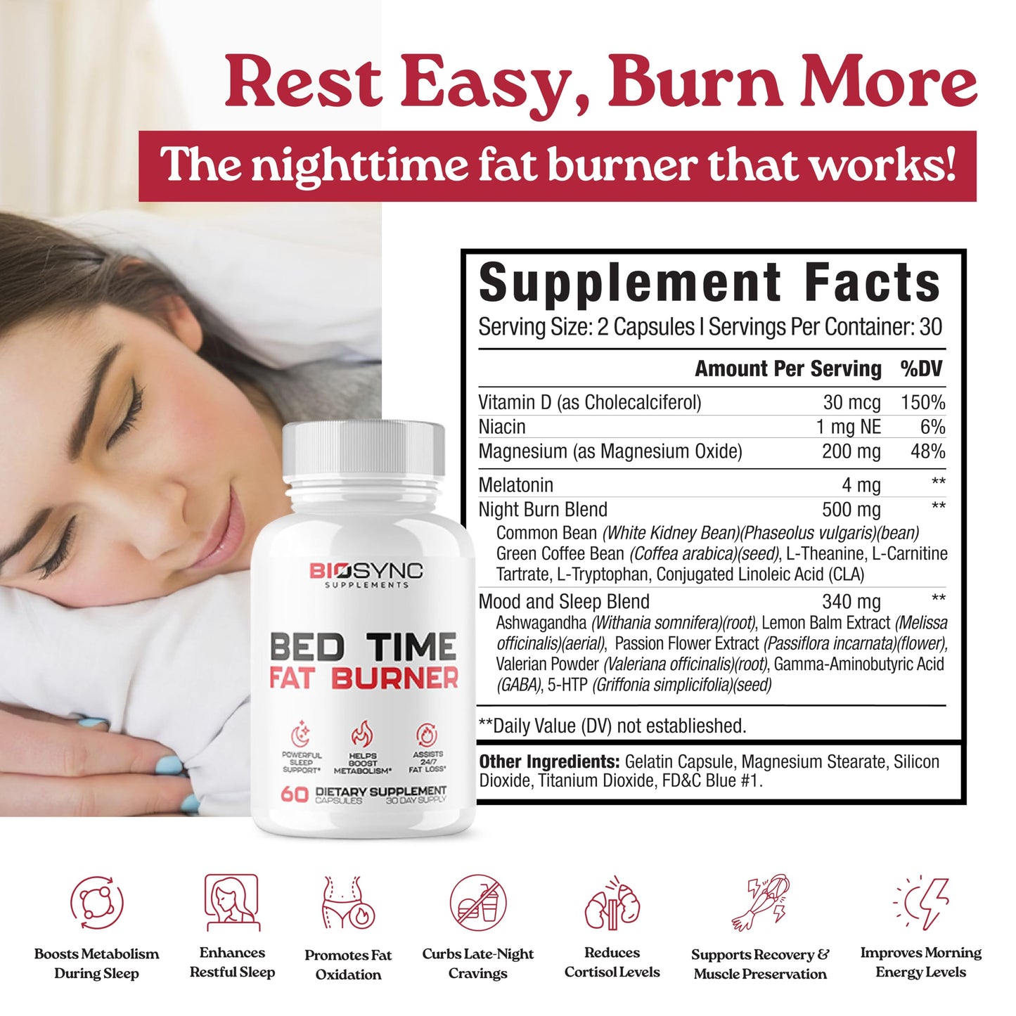 BioSync Night Time Fat Burner | Weight Loss Pills for Women + Sleep Aid | Appetite Suppressant, Shred Calories | Powerful Sleep & Mood Support | Extra Strength Weight Loss Diet Pills - 60 Capsules