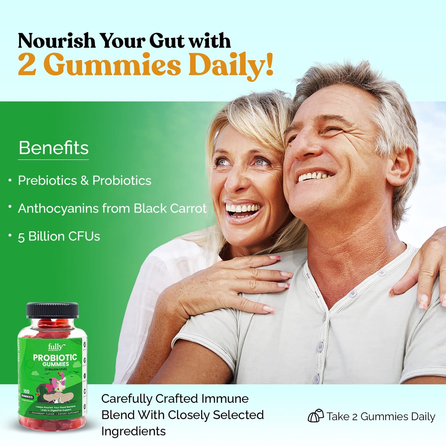 PROBIOTICS DAILY Immunity Fiber Gummies For Women & Men: Prebiotics + Probiotics for Digestive + Immune Support, Gluten Free, Non-GMO, 100 Gummy Vitamins, 5 Billion CFUs, No Refrigeration Required