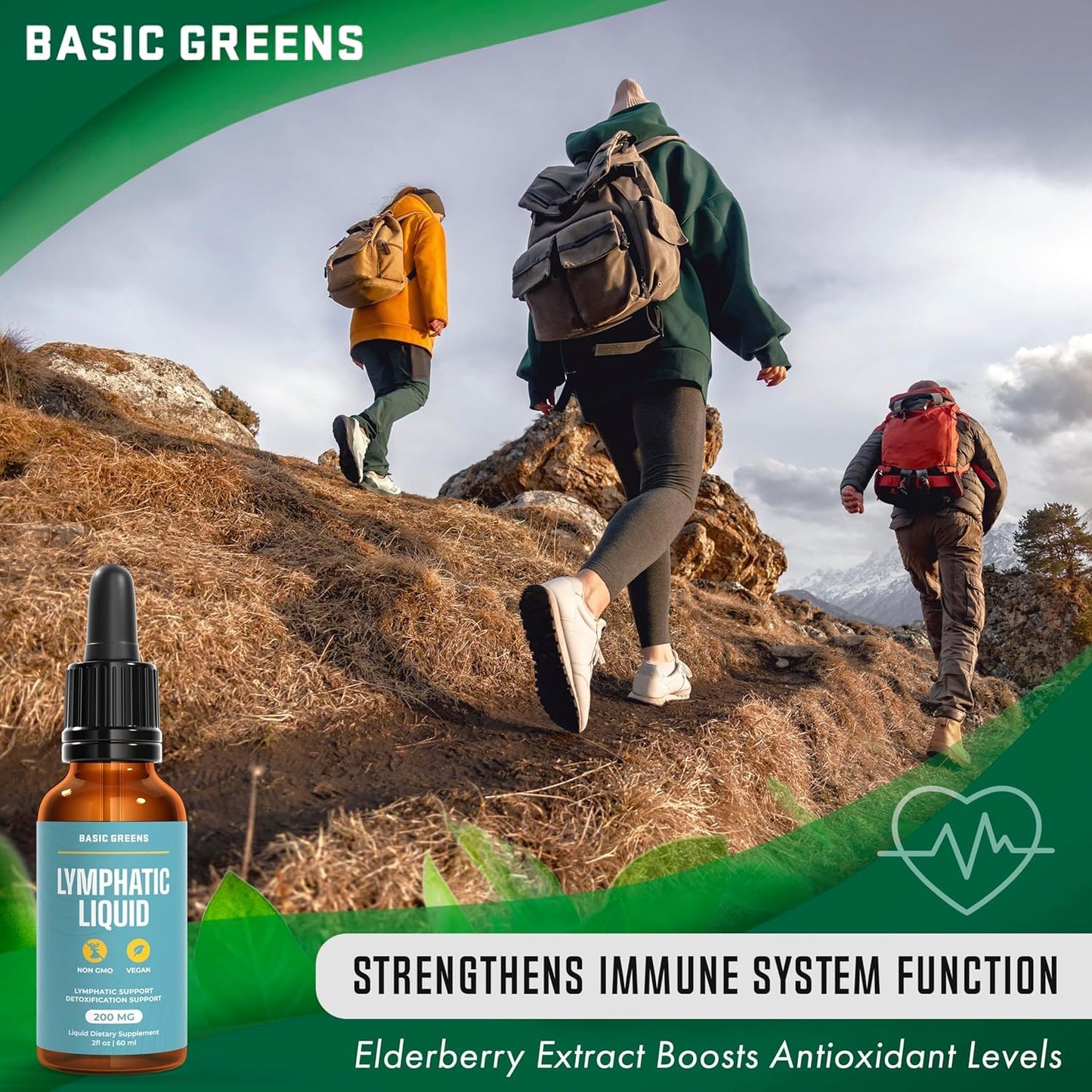 BASIC GREENS Lymphatic Support Liquid - Natural Immune Booster for Lymphatic Drainage, Fluid Balance, and Daily Cleanse, Easy - Absorb Liquid Formula for Wellness Support, 2 Fl Oz