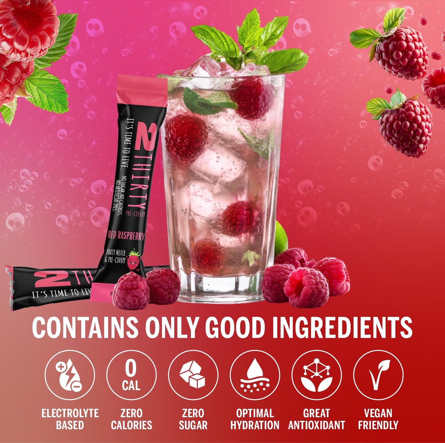 2THIRTY Hydration & Precovery Mixer | No Sugar, Zero Calories | Electrolyte Powder Packets + Vitamin B12, Aminos & Natural Herbs (18 Pack, Red Raspberry)