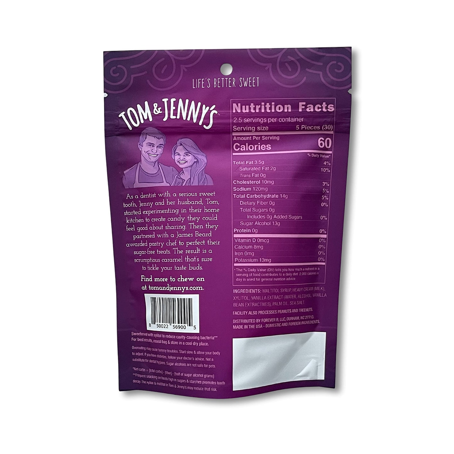 Tom Jennys Sugar Free Candy Soft Caramel with Sea Salt and Vanilla Low Net Carb Keto Candy with Xylitol and Maltitol Classic Caramel 1pack