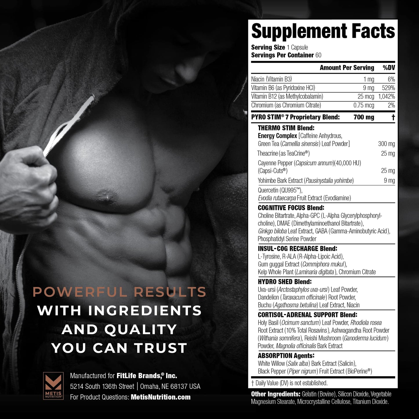 METISNutrition Pyro Stim 7 Metabolism Booster Fat Loss Support Energy Boost - Once-A-Day Thermogenic with Teacrine for Focus, Appetite Control, Muscle Toning, and Mood Control (60 Capsules)