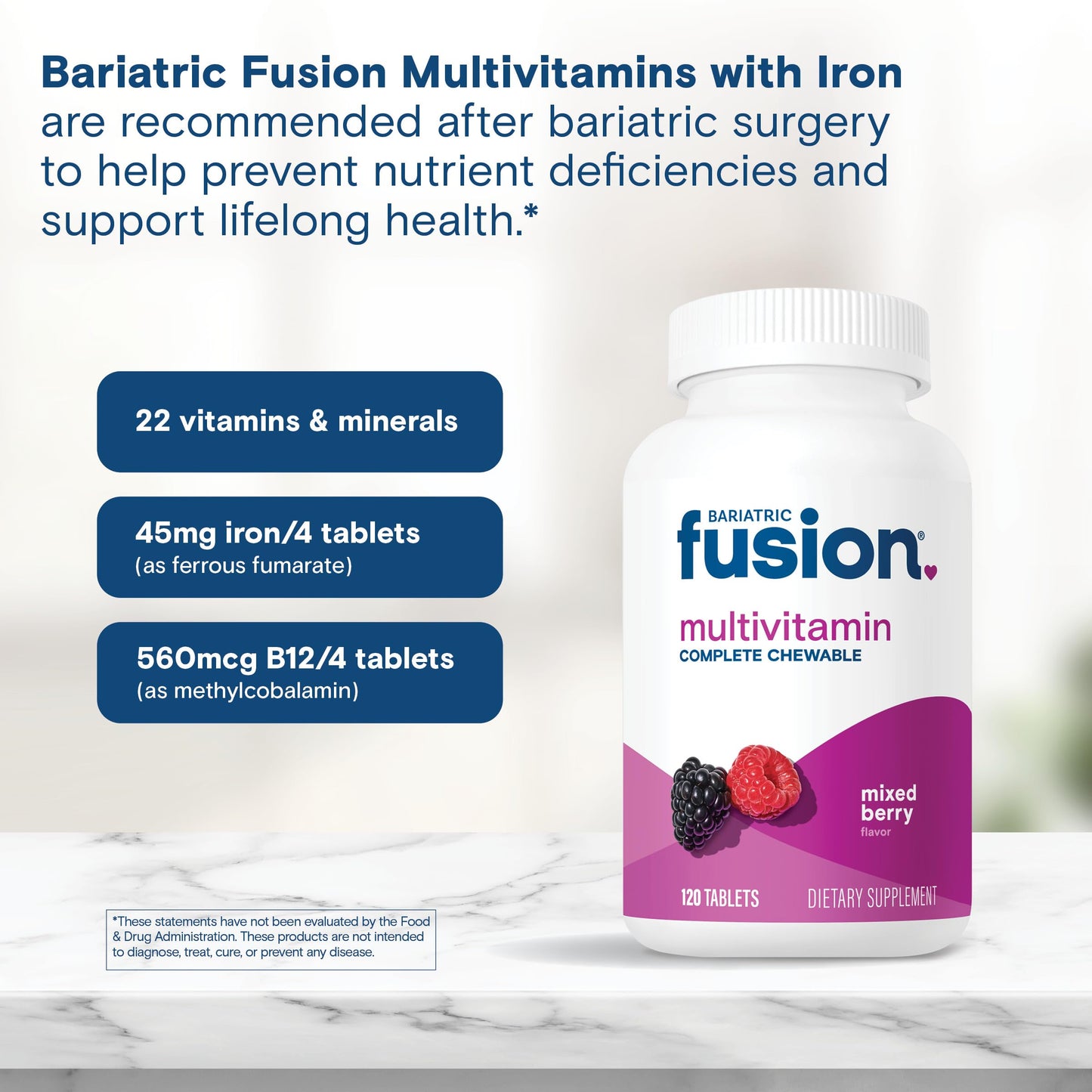 Bariatric Fusion Bariatric Multivitamin with Iron Complete Chewable | Mixed Berry | Post Bariatric Vitamins for Gastric Bypass and Sleeve Gastrectomy | One Month Supply