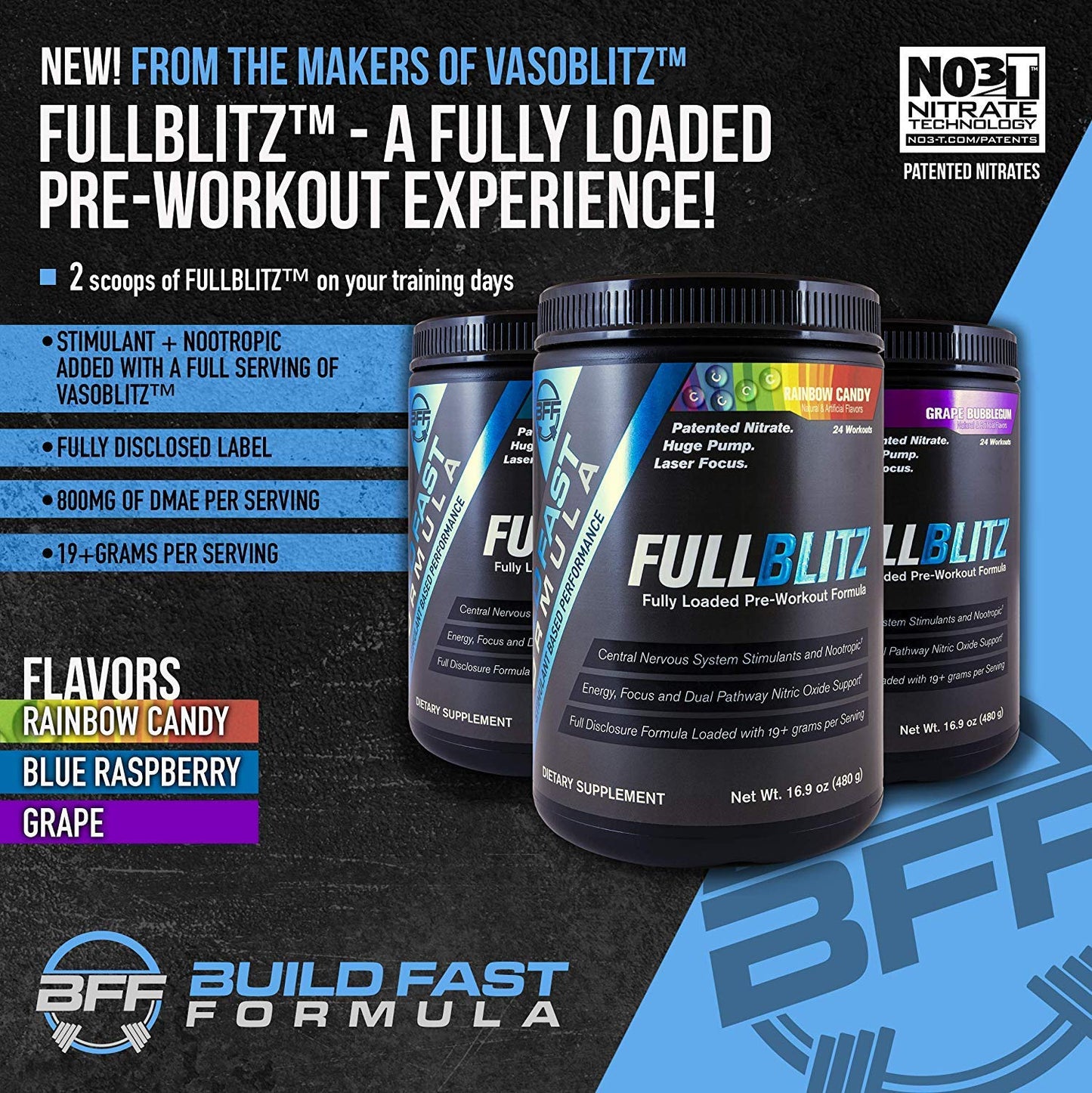 BFF Build Fast Formula FULLBLITZ Fully Loaded Pre-Workout | Energy Booster + Huge Dual Pathway Nitric Oxide Boosting Muscle Pumps, Laser Focus & Nootropic Blend - 24 Workouts (Rainbow Candy)