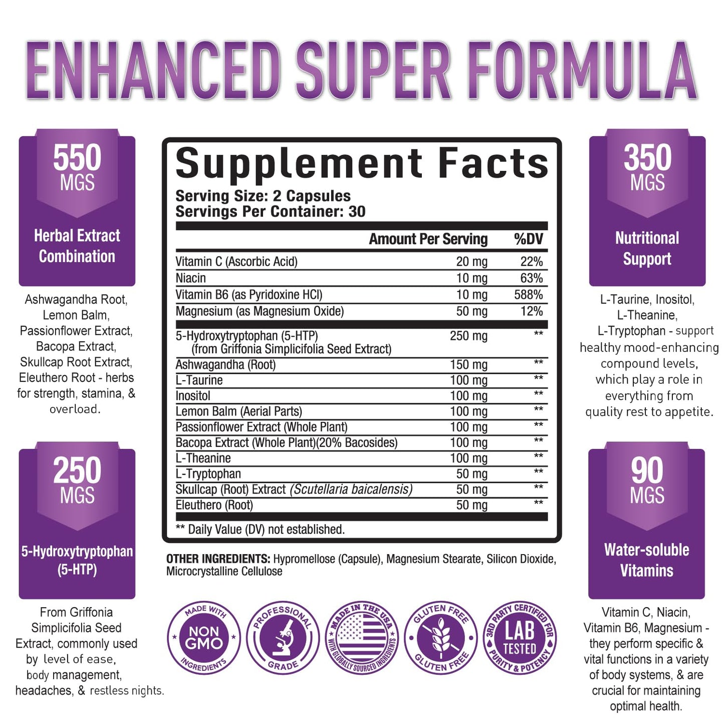 Premium 5-HTP Plus Supplement 250mg Maximum Strength - Sleep Aid, Mood Boost, Promotes Calm & Relaxation, Stress Management Support - Enhanced with Vitamin B6, Gluten Free, Non-GMO, 60 Veggie Caps