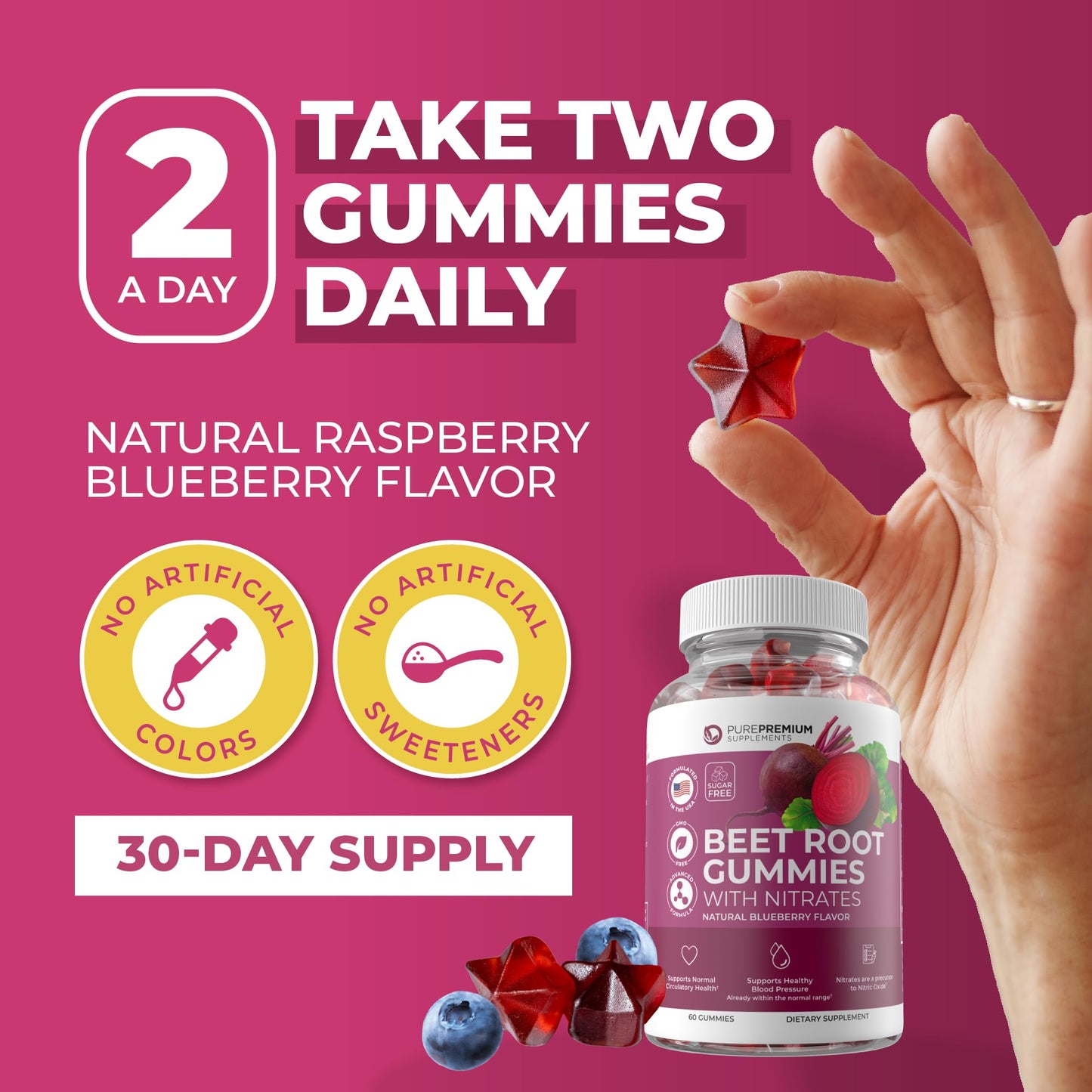 PurePremium Beet Root Gummies - 60 Sugar Free Chews (50:1 Equivalent 1500 mg) - Super Nitric Oxide Beetroot Gummies with Natural Blueberry Flavor - Supplements for Normal Blood Pressure