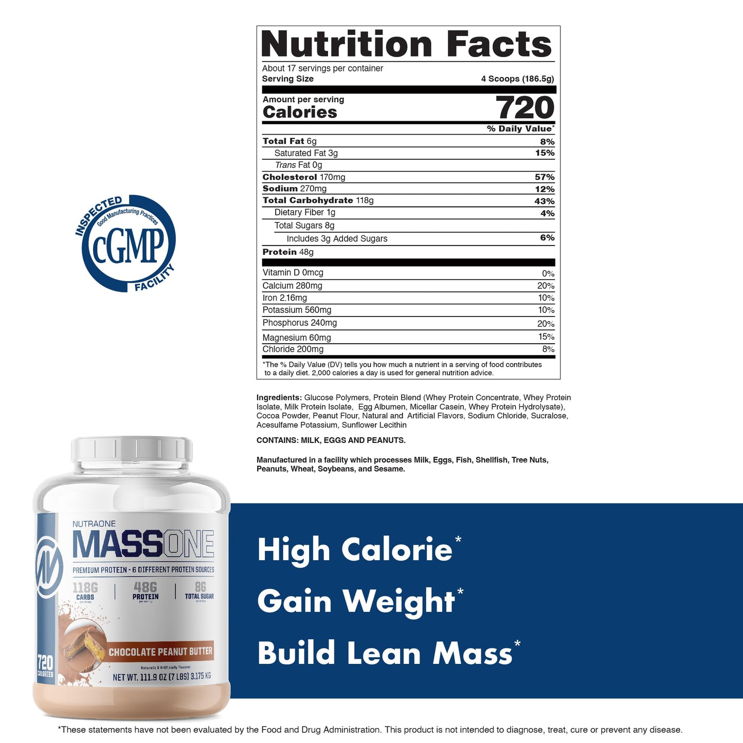 NutraOne Massone Mass Gainer Protein Powder Gain Mass Protein Meal Replacement (Chocolate Peanut Butter - 7 lbs.)