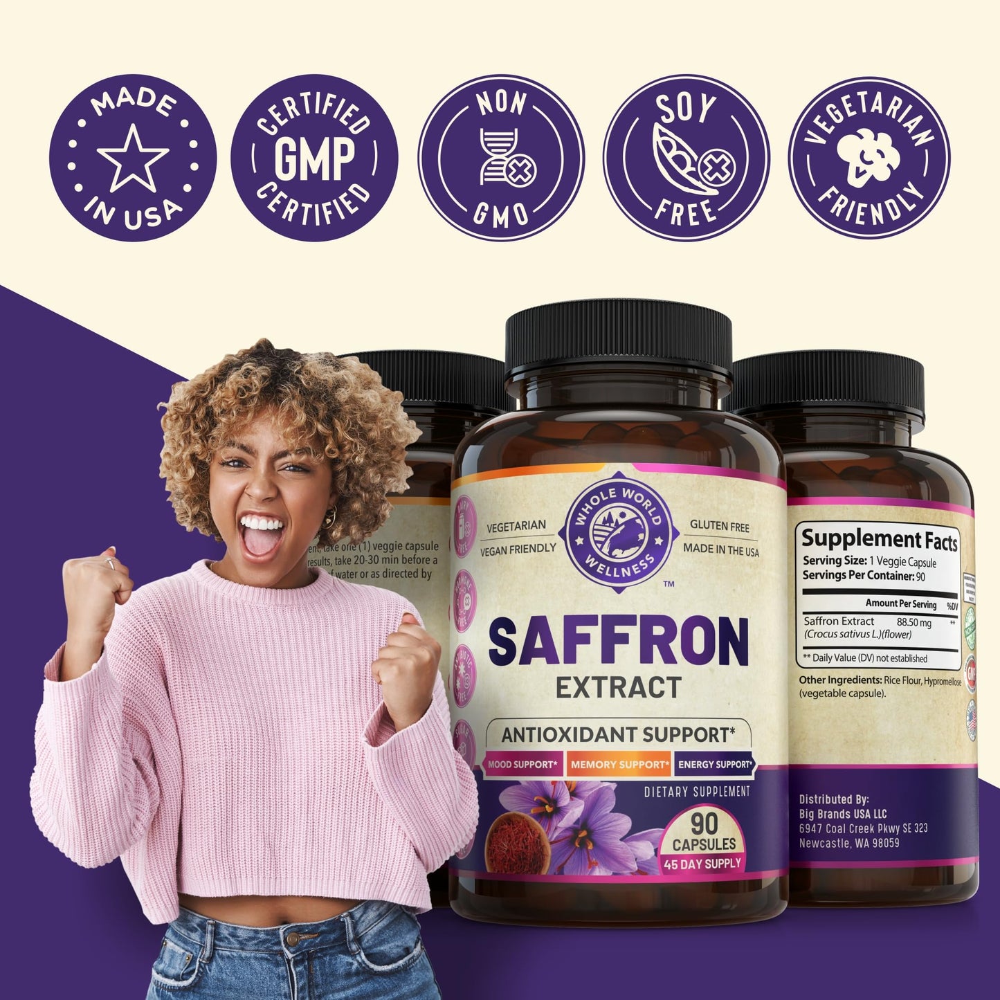 100% Pure Saffron Extract - Supports Weight and Appetite Health, Mood, Focus, Memory, Digestion, Eye, Skin and Brain Health. NSF Certified Saffron Supplements for Women and Men, 45-Day Supply.