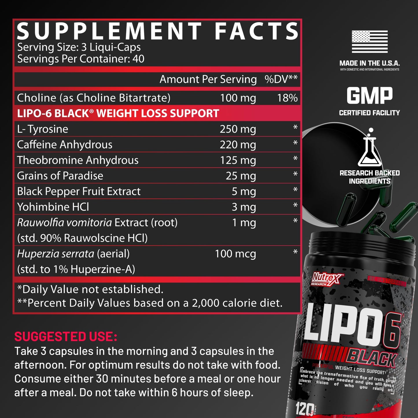 Nutrex Lipo-6 Black Max Strength Fat Burner - Fast Acting Energy, Weight Loss Diet Pills - Appetite Suppressant, Metabolism Booster - 120 Capsules