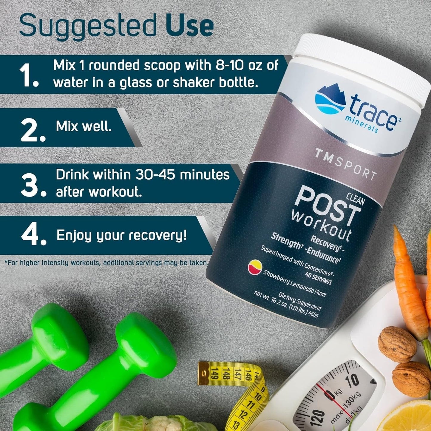 Trace Minerals | TMRFIT Series Clean Post Workout Canister Supplement | Supports Muscle Recovery and Strength | Gluten Free, Certified Vegan, Non-GMO | Strawberry Lemonade | 16.2 Oz