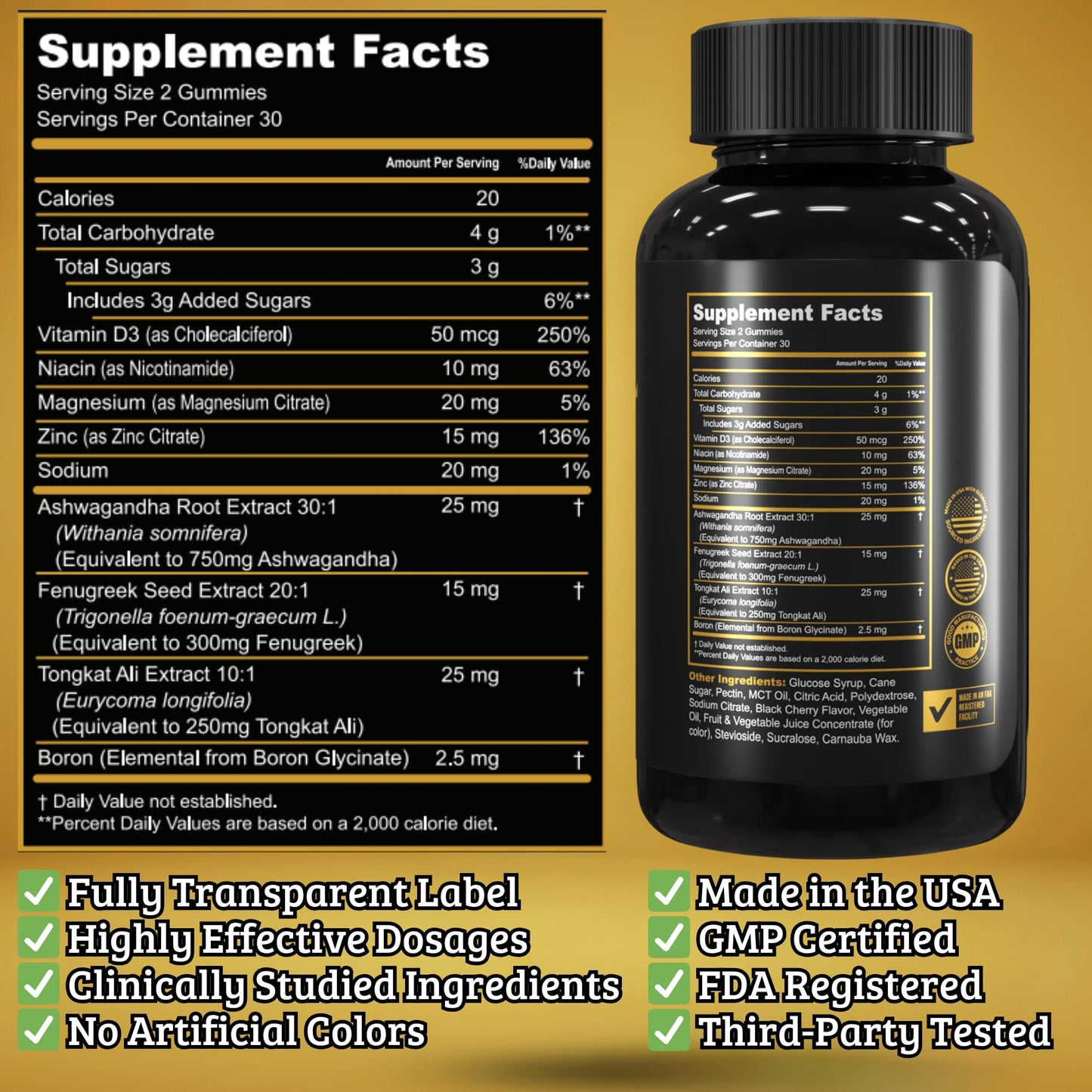 Gold Label Testosterone Booster Gummies with Tongkat Ali, Zinc, D3, Ashwagandha, Fenugreek, Magnesium, Boron for Male Enhancement, Muscle Building, Vitality, Strength, Performance, Energy - 60 Count