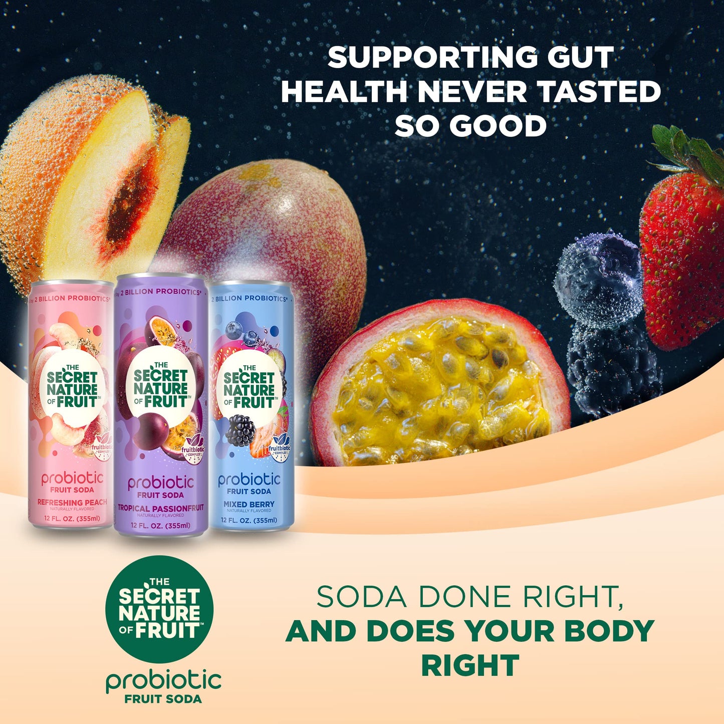 The Secret Nature of Fruit Probiotic Fruit Soda 3Flavor Variety Pack Supports Gut Health Immunity 2 Billion Probiotics Zero Added Sugar 15 Fruit Juice High in Vitamin C 12oz Pack of 6