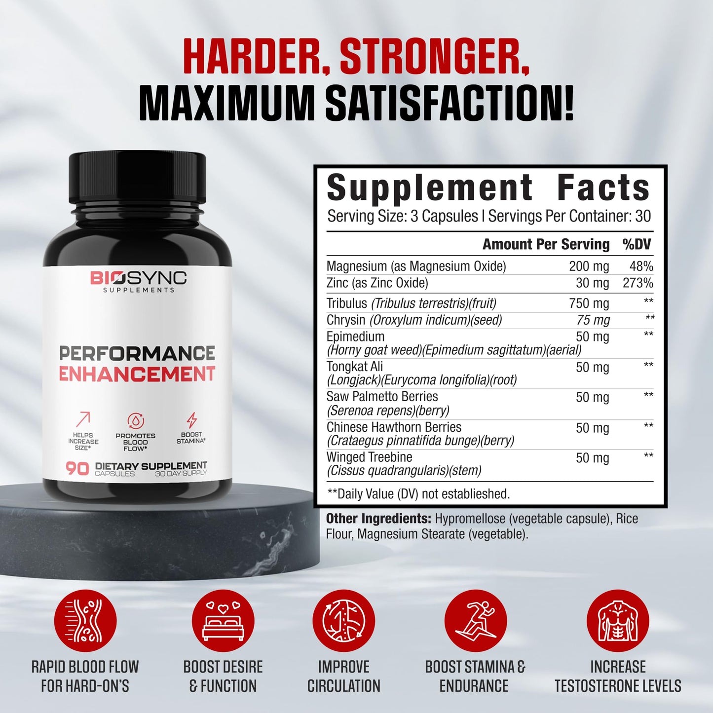 BioSync | Fast Acting Blood Flow Pills for Men | Maximum Dosage Enlargement Pills to Gain Size, Girth, Male Performance, Energy & Stamina | 9 Ultra Dosed Ingredients | 3rd Party Tested - 90 Capsules