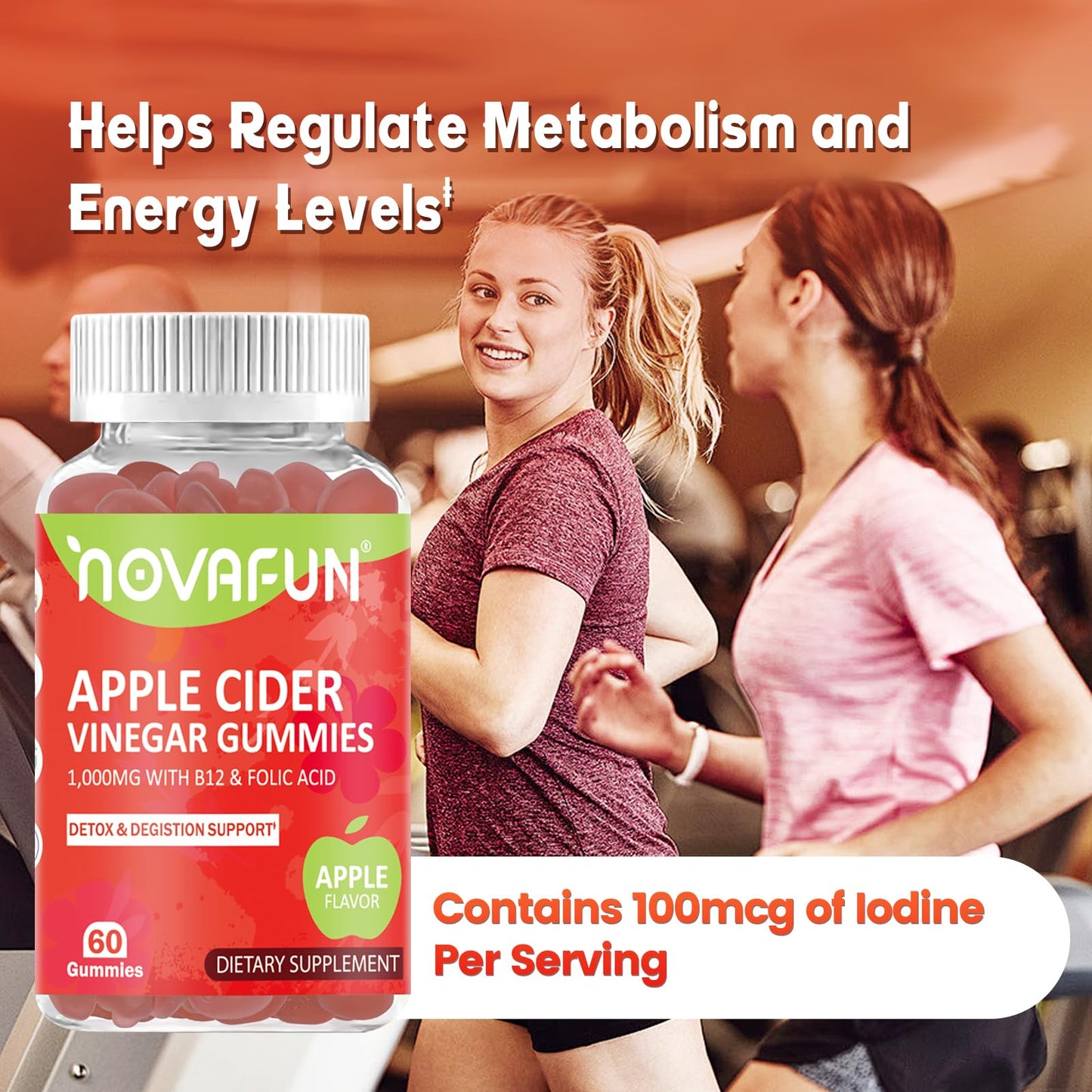 Novafun Apple Cider Vinegar Gummies with Vitamin B12 & Folic Acid - 1000mg Apple Cider Vinegar for Detox & Digestion Support, Vegetarian & Gluten-Free, Apple Flavor, 60 Count