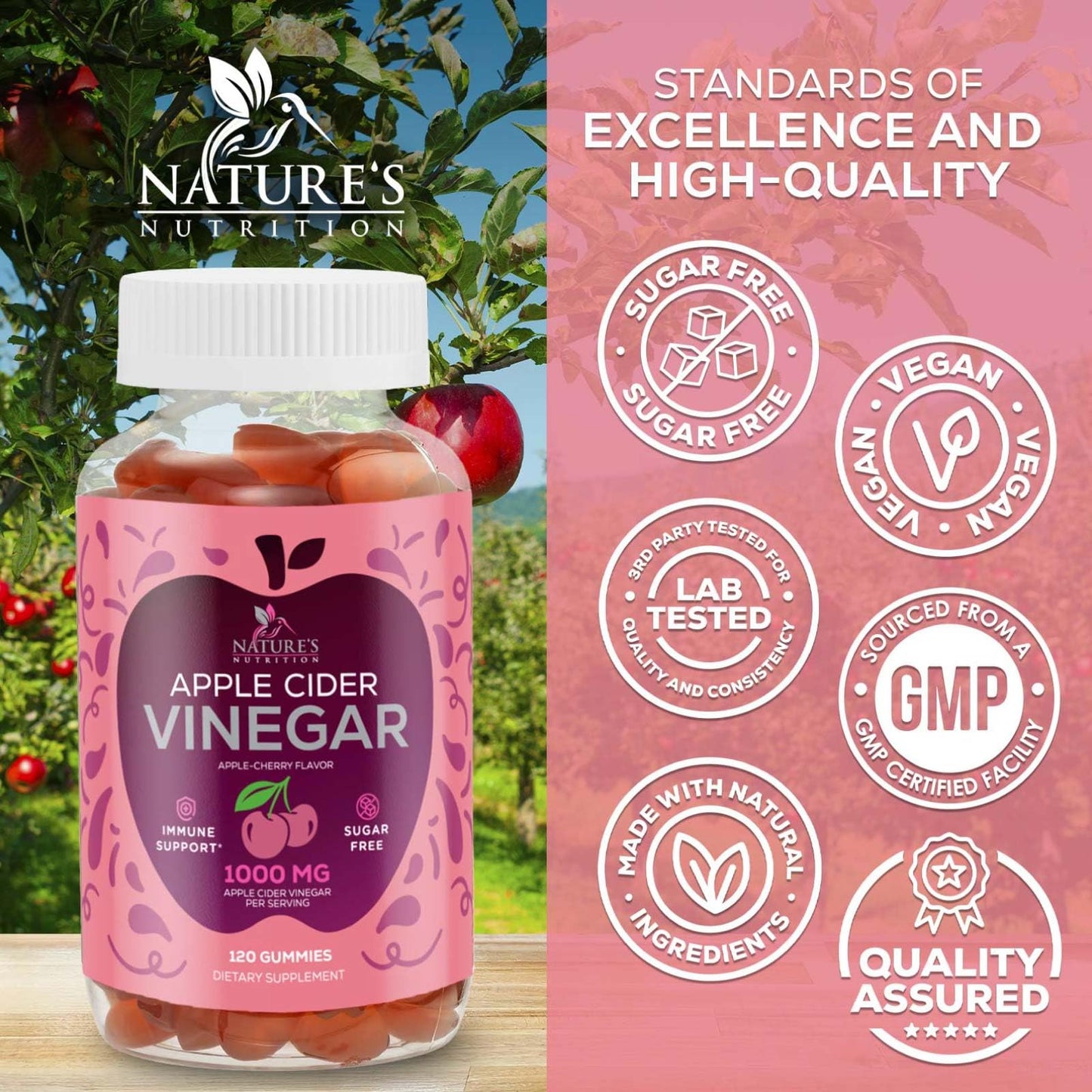 Vegan Apple Cider Vinegar Gummies 1000mg - Sugar Free ACV Vitamins Supplement - Gelatin-Free, Vegan, Non-GMO, Made with Vitamin B12 for Energy - Supports Digestion, Detox and Cleanse - 120 Gummies