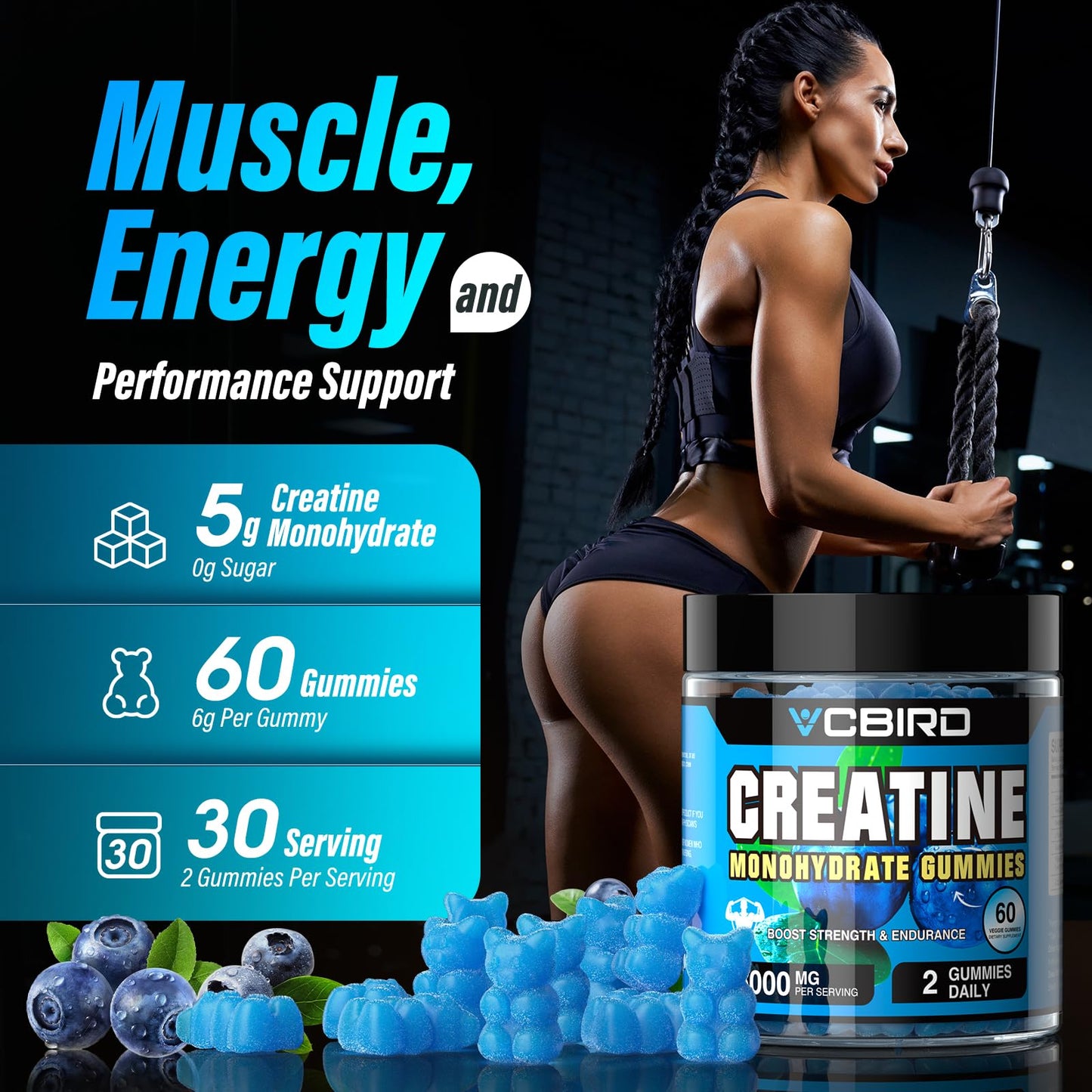 VCBIRD Creatine Monohydrate 5g Per Serving, No Sugar Creatine Supplements Support for Strength, Performance, Energy, Recovery, Gluten-Free Creatine for Women and Men (60 Gummies)