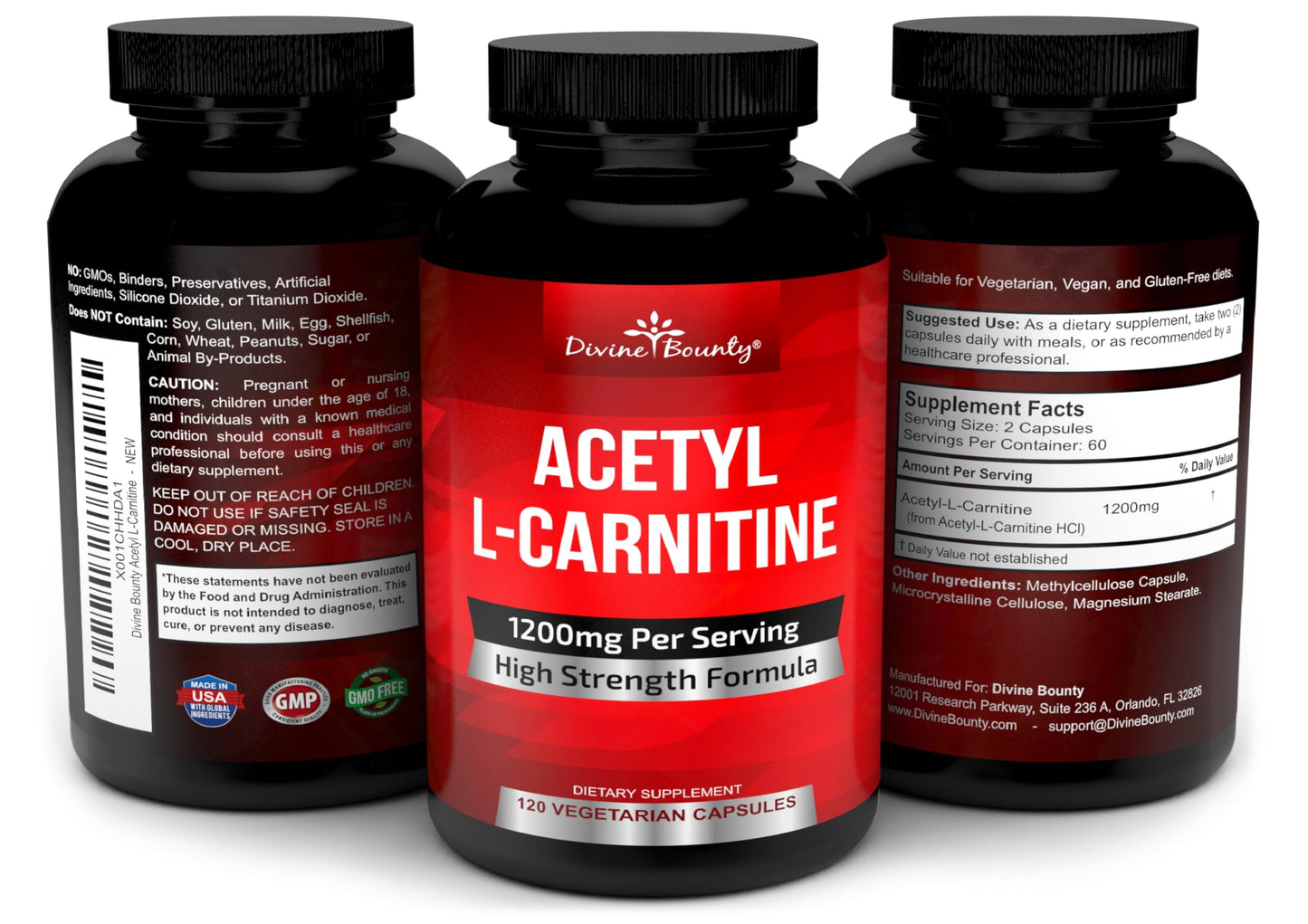 Divine Bounty Acetyl L-Carnitine Capsules 1200mg Per Serving - L Carnitine Supplement 120 Vegetarian Capsules