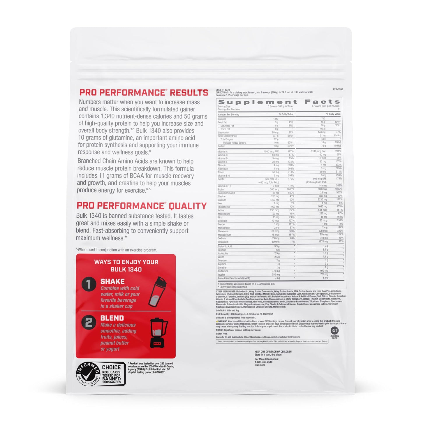 GNC Pro Performance Bulk 1340 Mass Gainer Protein Powder | Gluten Free | Banned Substance Tested | Packaging May Vary | Supports Muscle Energy, Recovery and Growth | Vanilla Ice Cream | 9 Servings