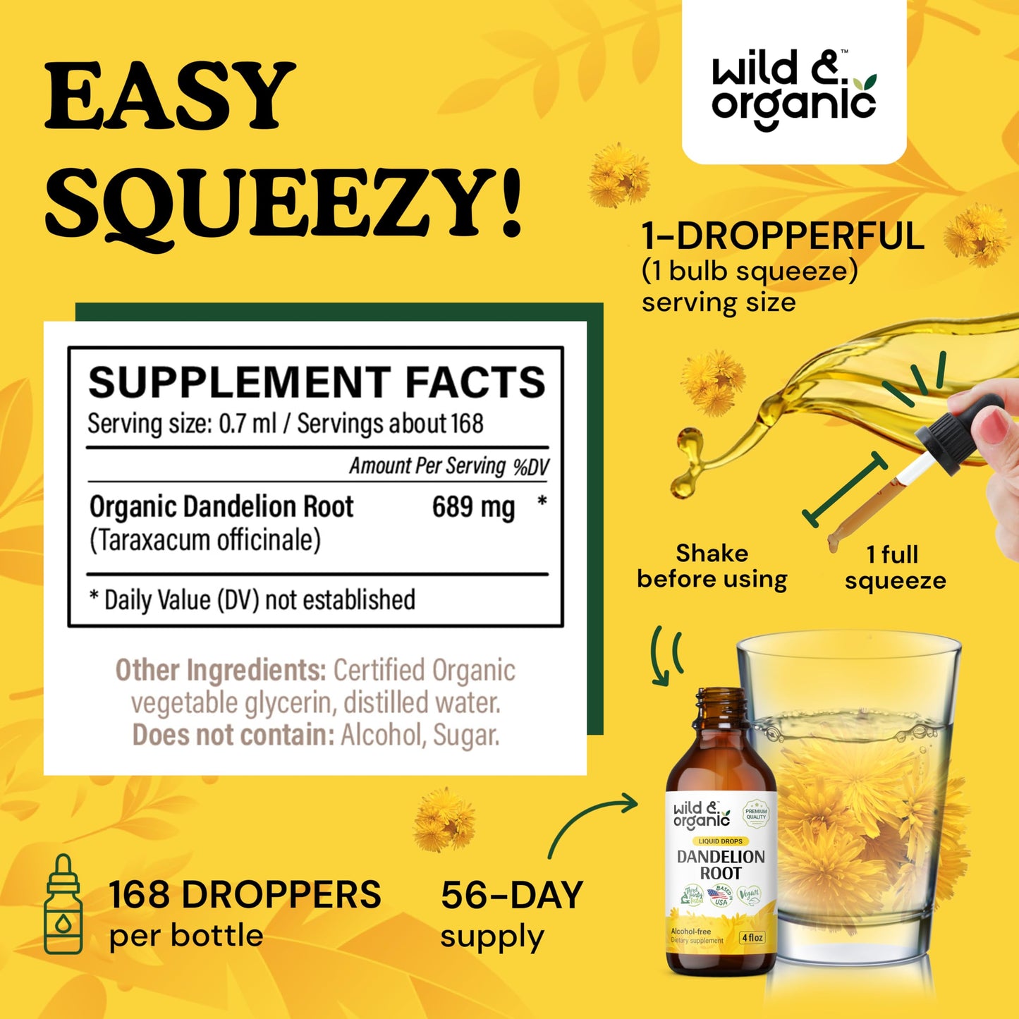 Wild & Organic Dandelion Root Extract Drops - Liver Cleanse Detox Support - Dandelion Tincture for Liver Health - Vegan, Sugar & Alcohol-Free Liquid Supplement - 4 fl oz